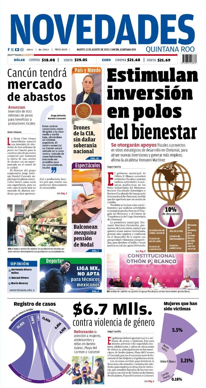 Portada de Novedades Quintana Roo del martes, 12 de agosto de 2025