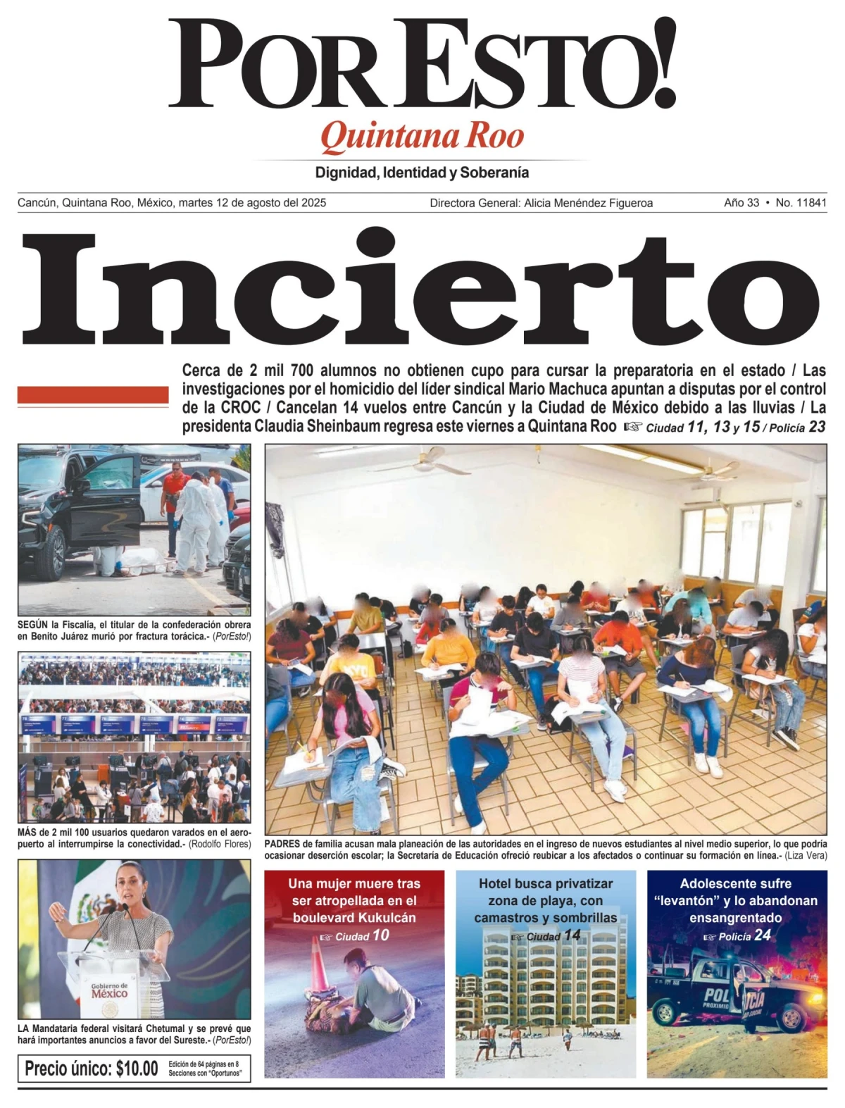 Portada de Por Esto (quintana Roo Cancun) del martes, 12 de agosto de 2025