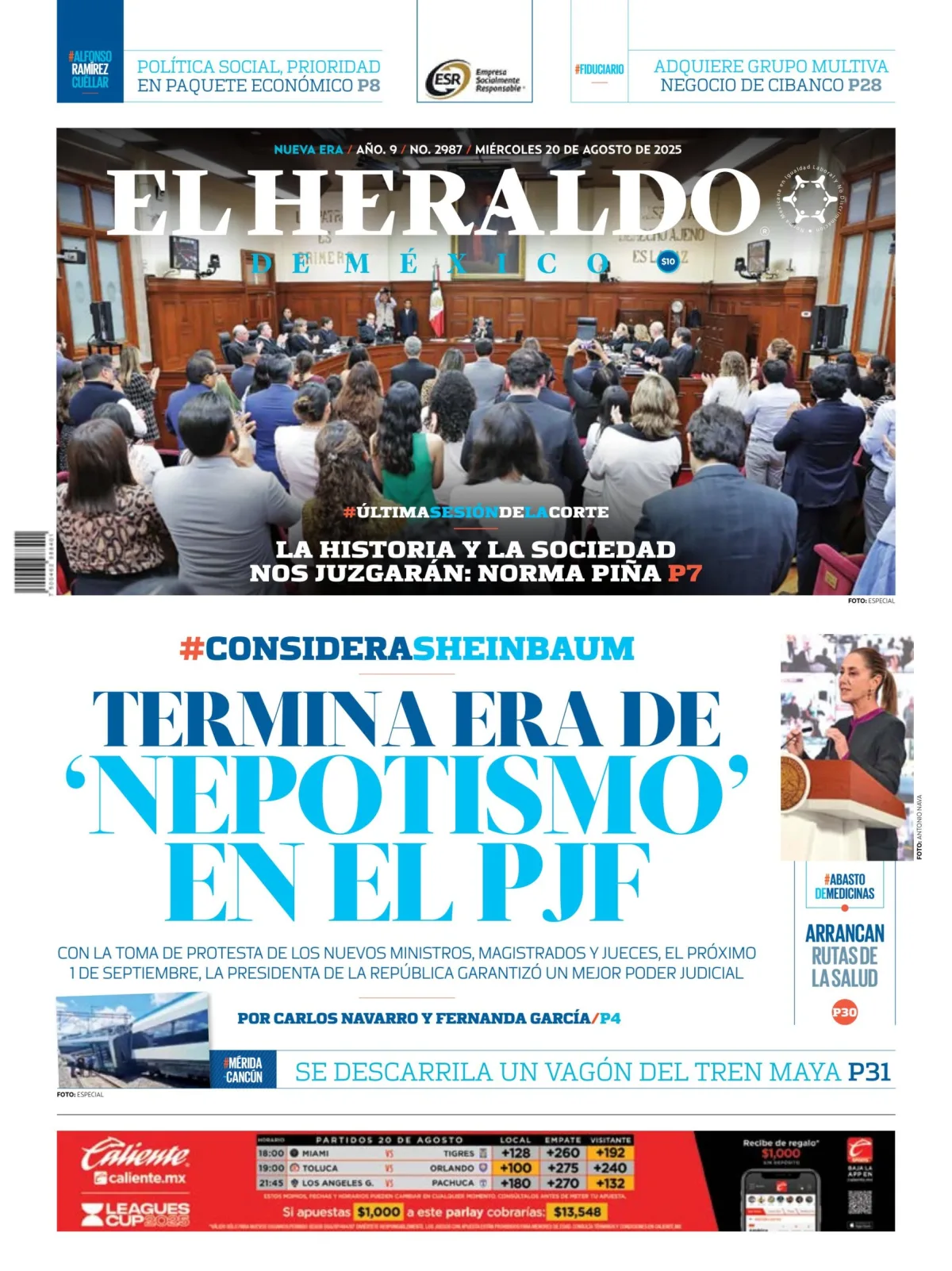 Portada de El Heraldo de Mexico del miércoles, 20 de agosto de 2025