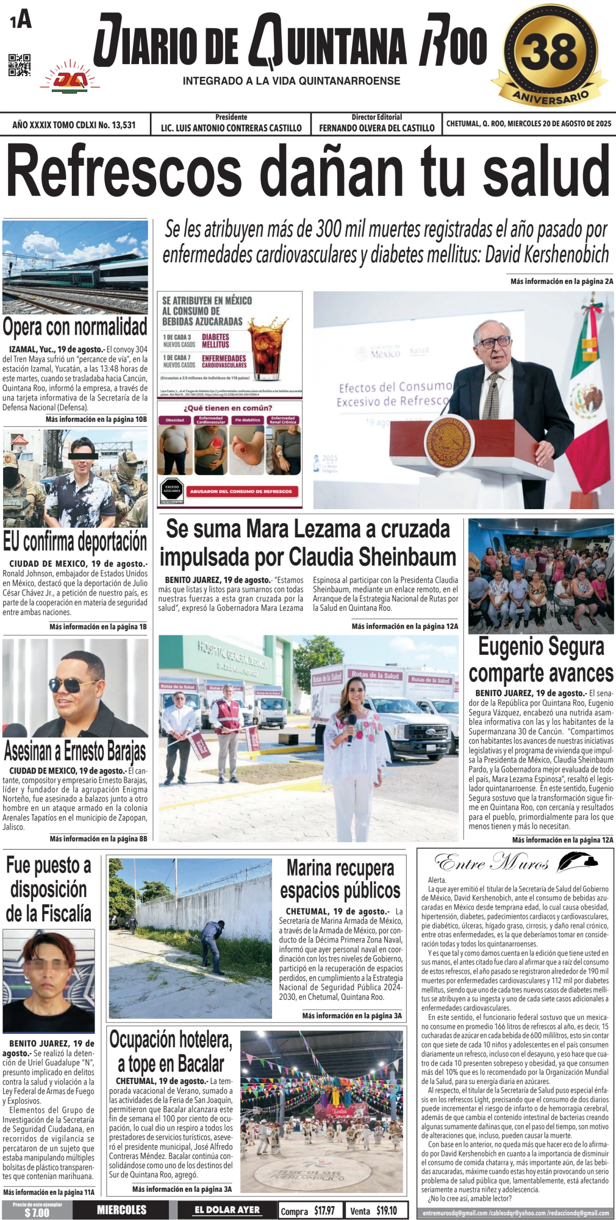 Portada de Diario de Quintana Roo (portada) del miércoles, 20 de agosto de 2025