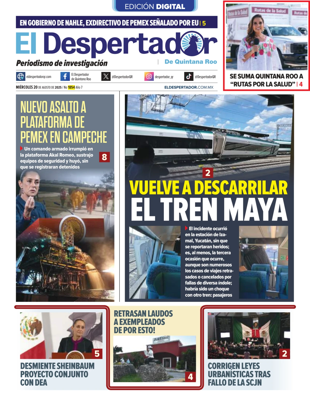 Portada de El Despertador de Quintana Roo del miércoles, 20 de agosto de 2025