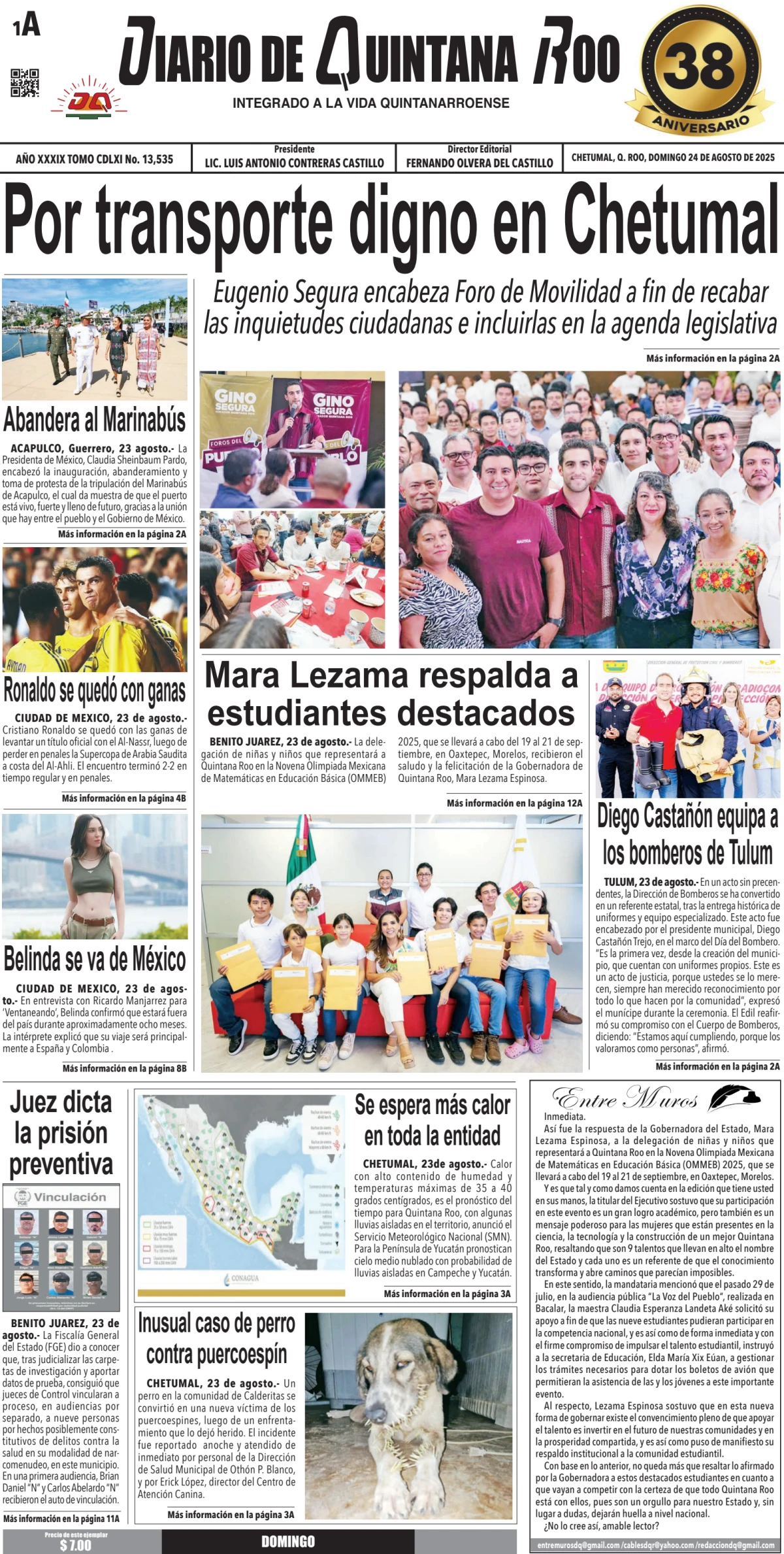 Portada de Diario de Quintana Roo (portada) del domingo, 24 de agosto de 2025