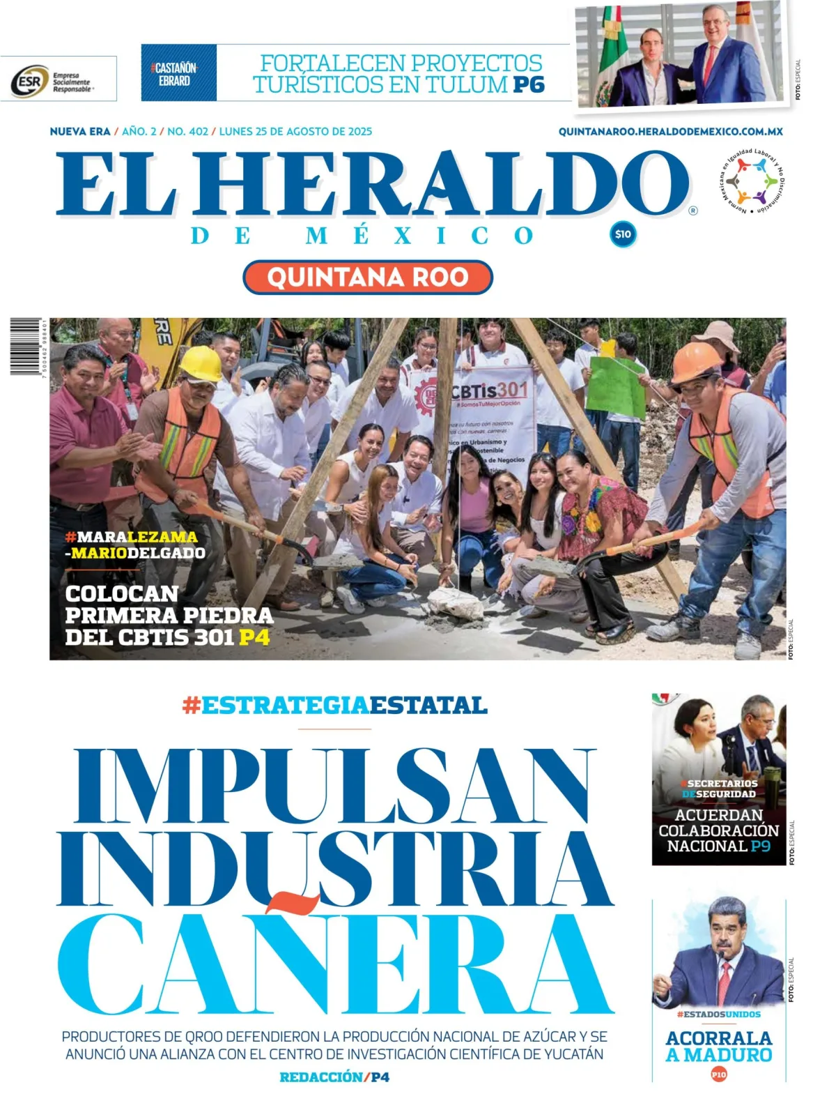 Portada de El Heraldo de Mexico - Quintana Roo del lunes, 25 de agosto de 2025