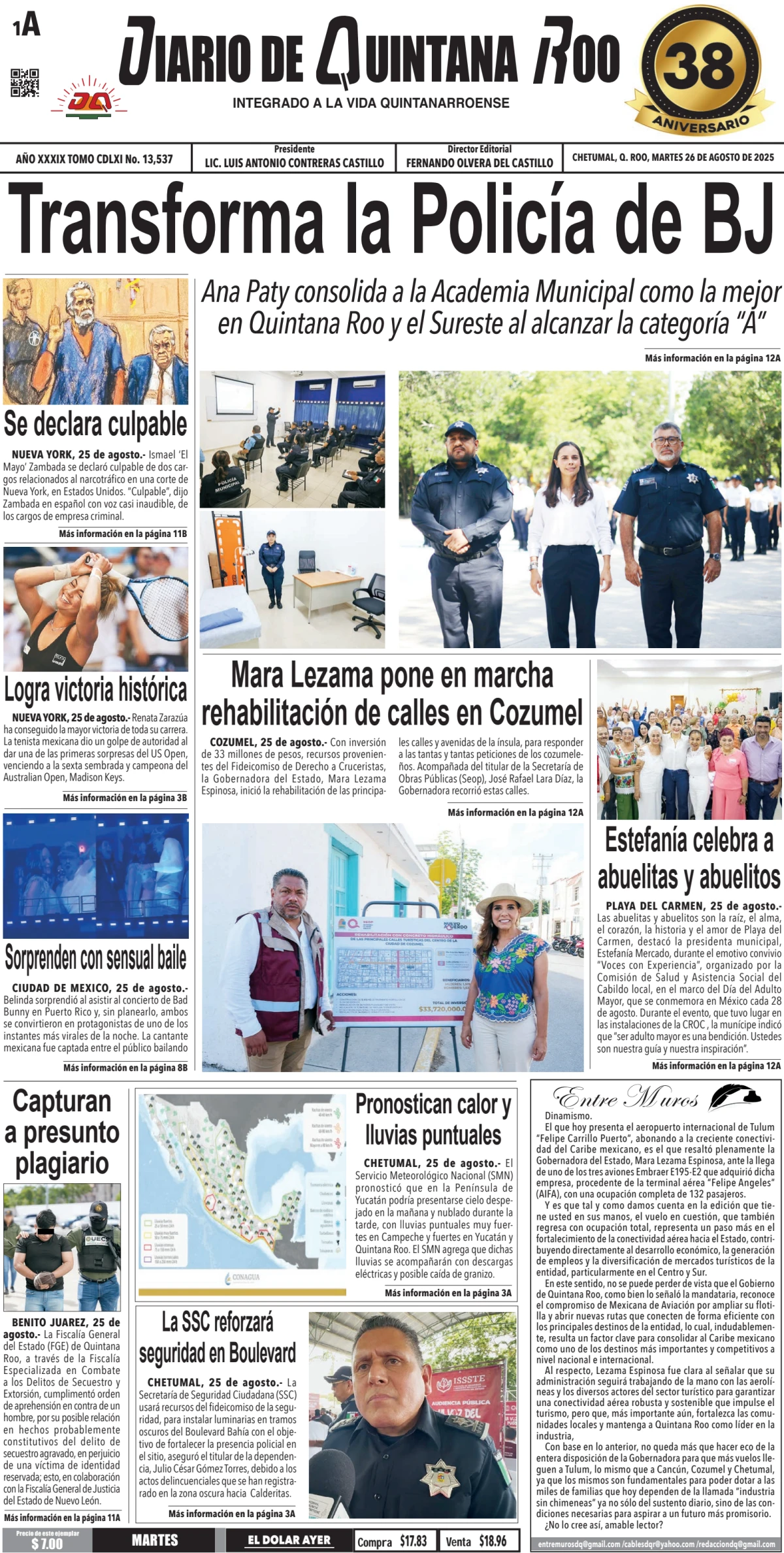 Portada de Diario de Quintana Roo (portada) del martes, 26 de agosto de 2025