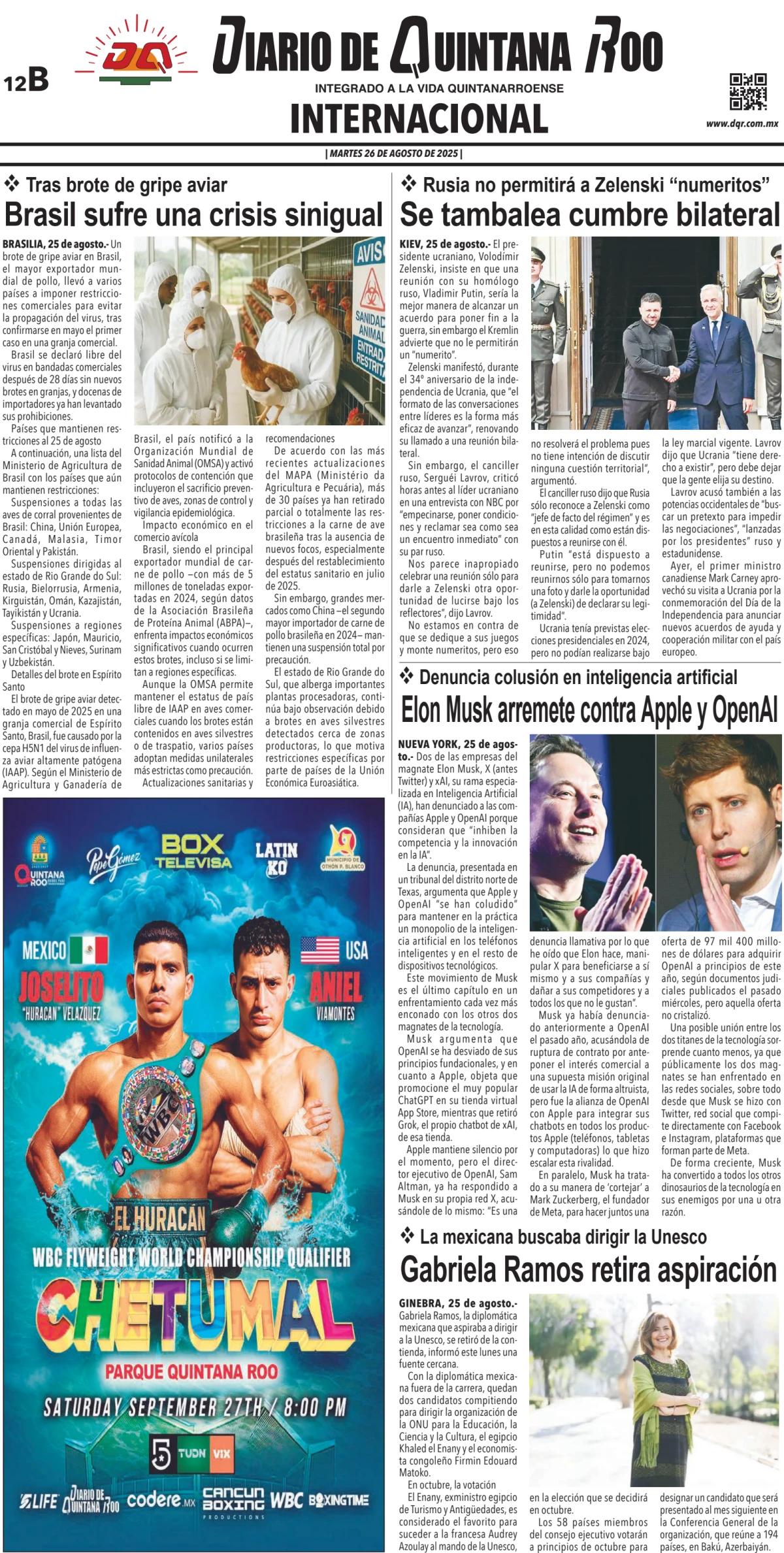 Portada de Diario de Quintana Roo (contra Portada) del martes, 26 de agosto de 2025
