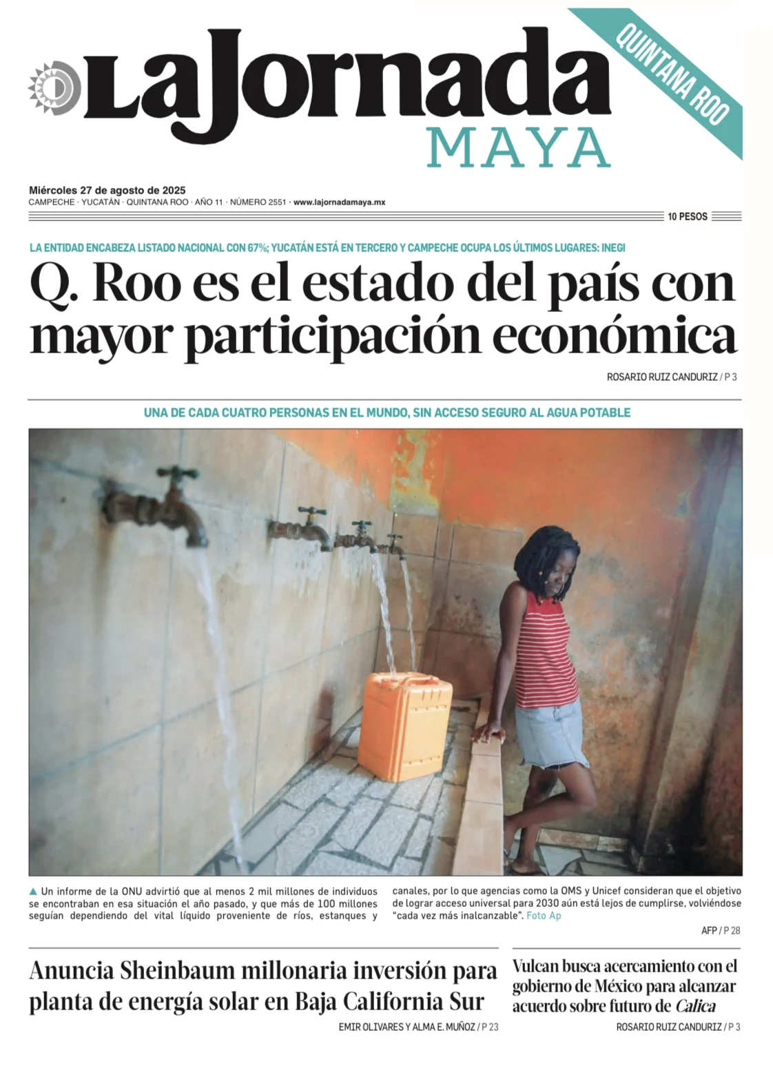 Portada de La Jornada Maya Quintana Roo del miércoles, 27 de agosto de 2025