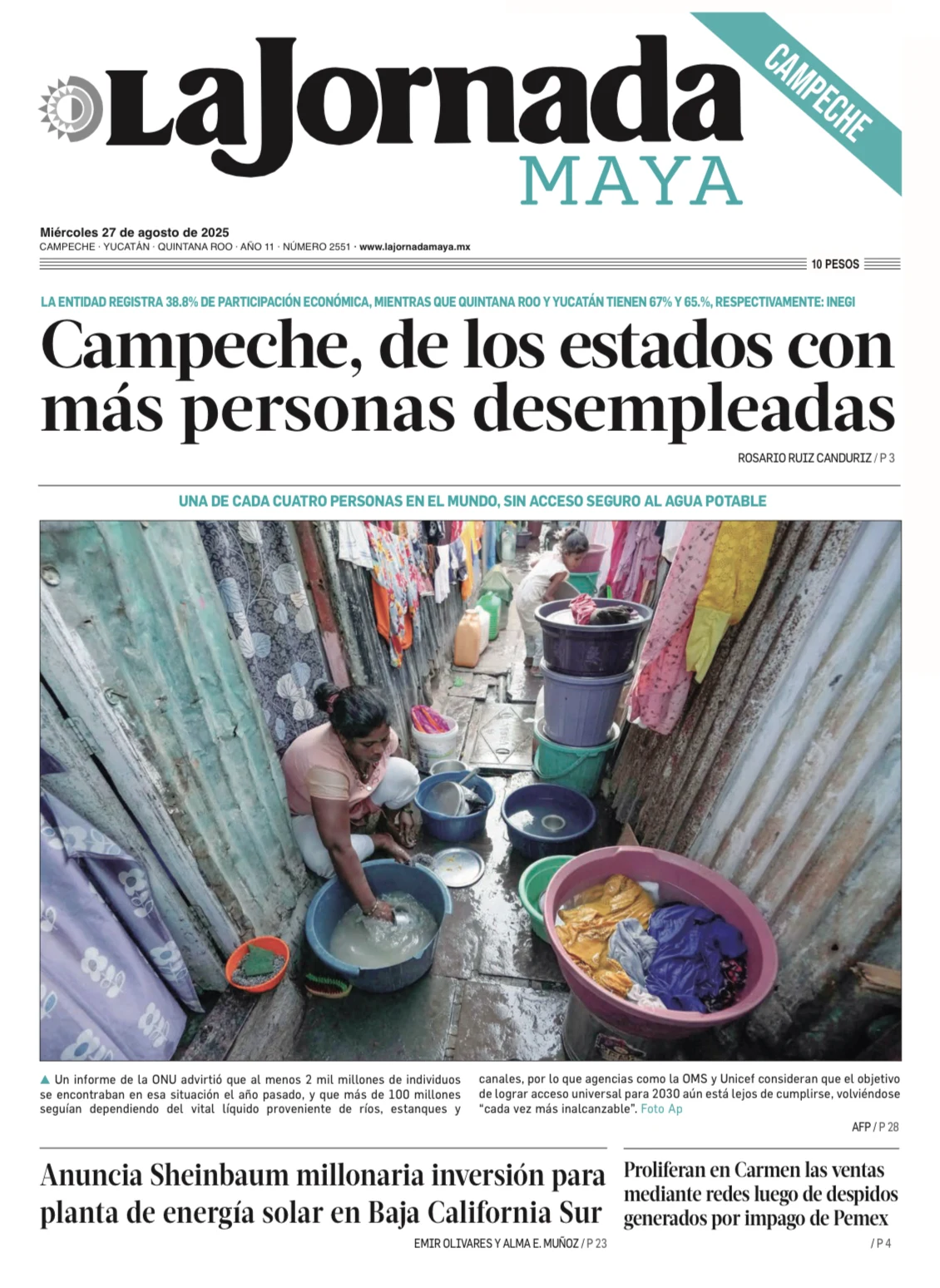 Portada de La Jornada Maya Campeche del miércoles, 27 de agosto de 2025