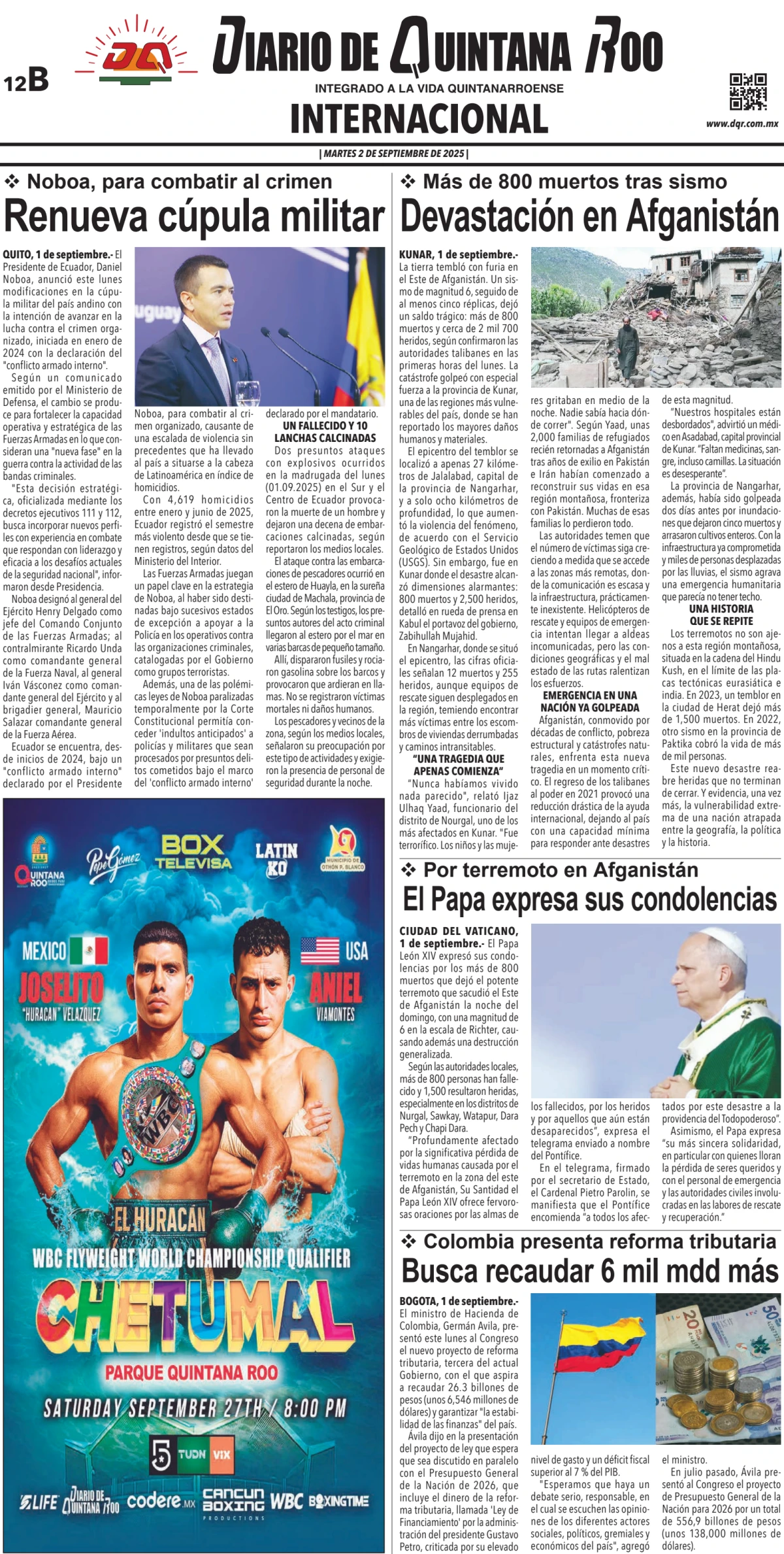 Portada de Diario de Quintana Roo (contra Portada)