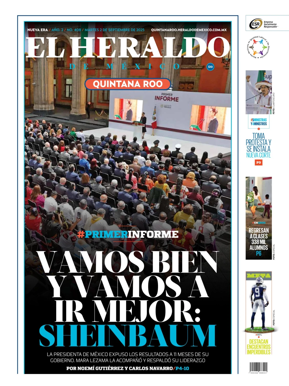 Portada de El Heraldo de Mexico - Quintana Roo del martes, 2 de septiembre de 2025