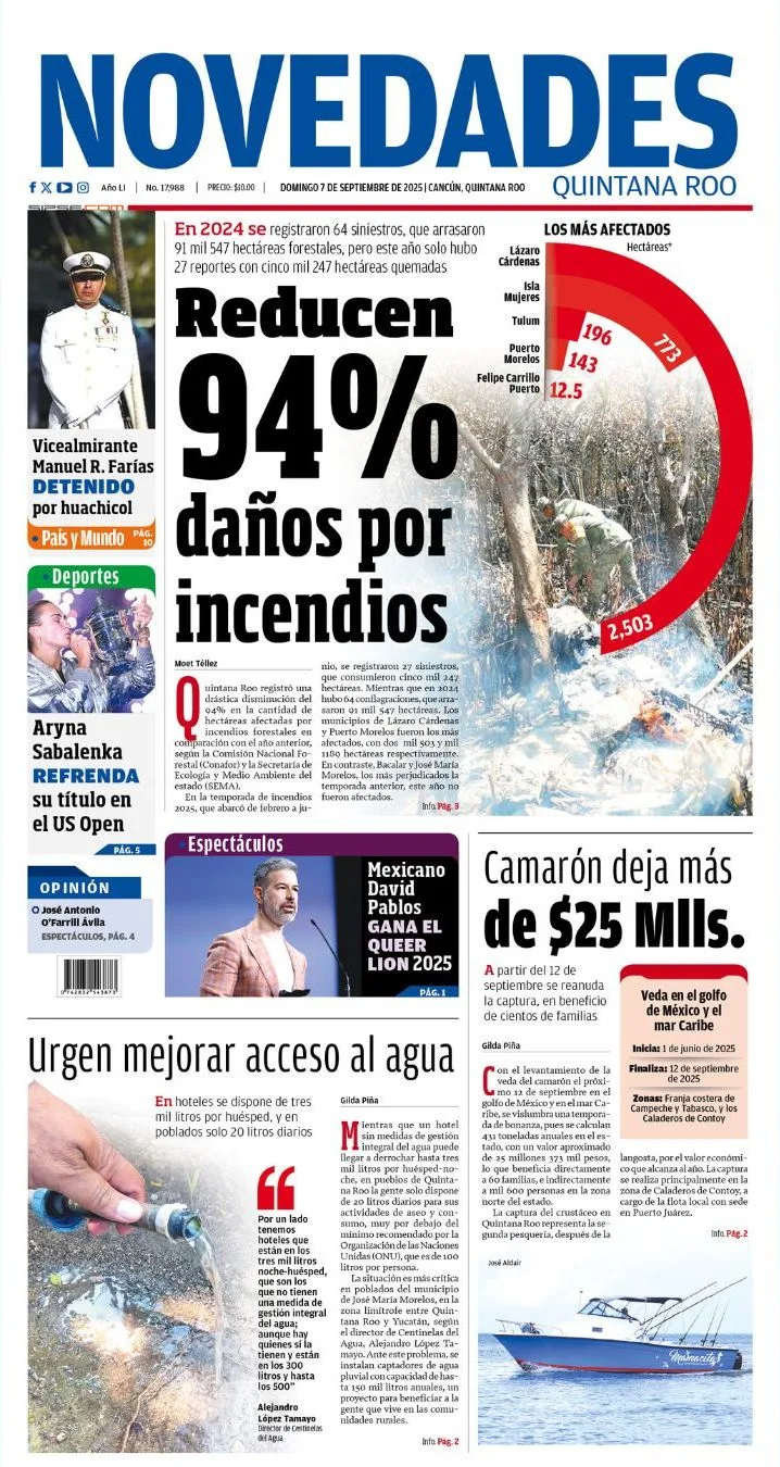Portada de Novedades Quintana Roo del domingo, 7 de septiembre de 2025