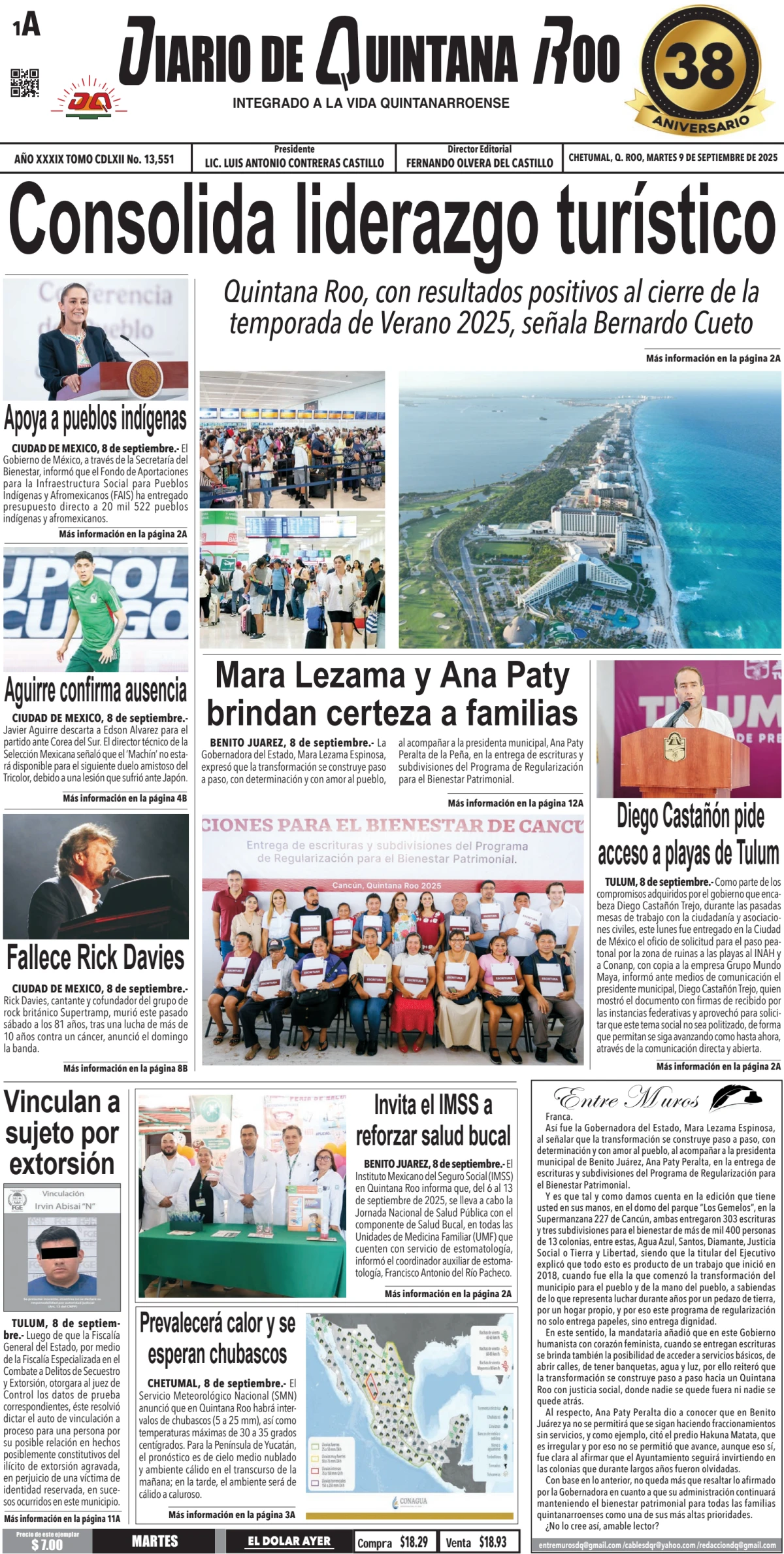 Portada de Diario de Quintana Roo (portada) del martes, 9 de septiembre de 2025