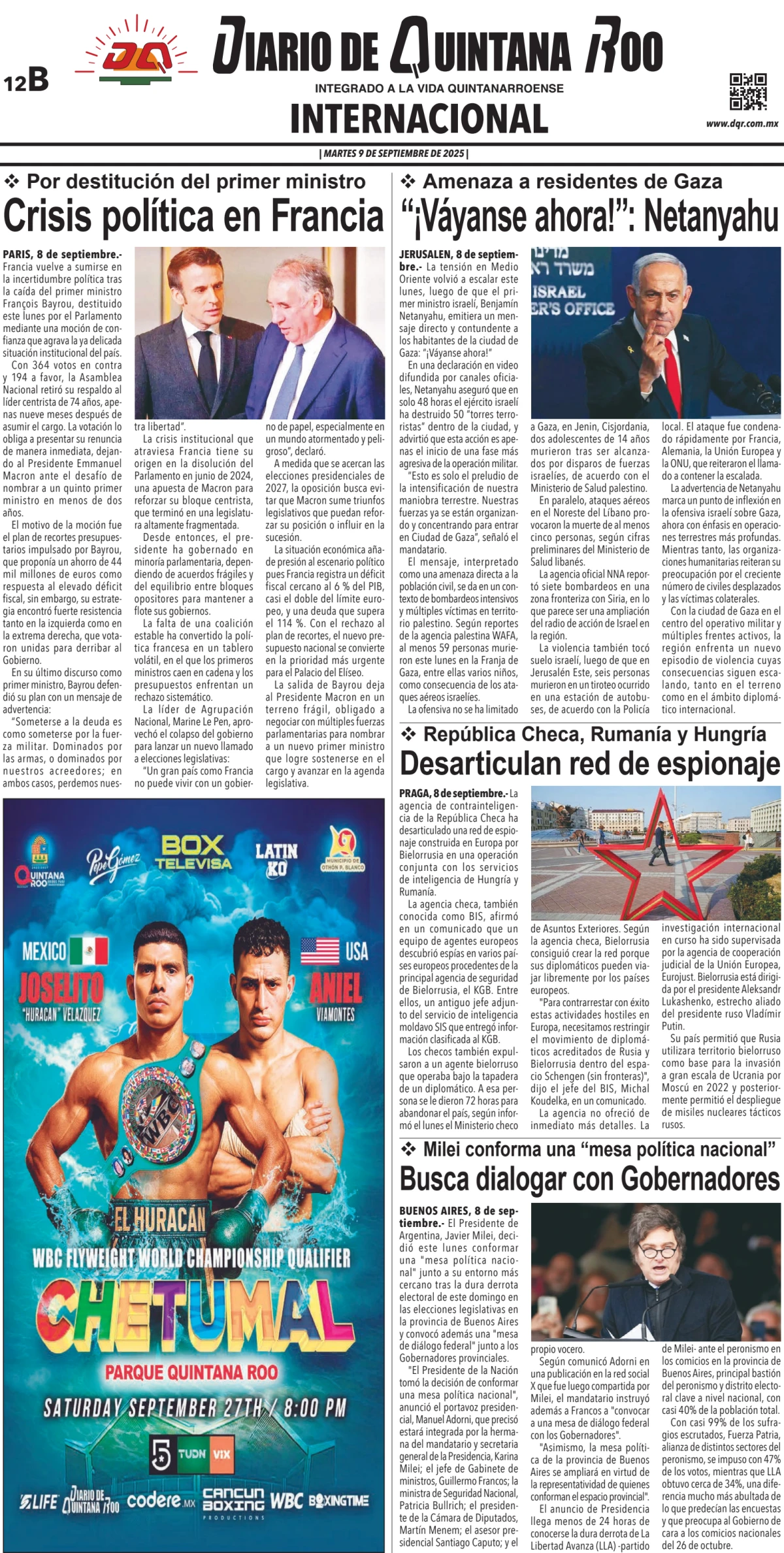 Portada de Diario de Quintana Roo (contra Portada) del martes, 9 de septiembre de 2025
