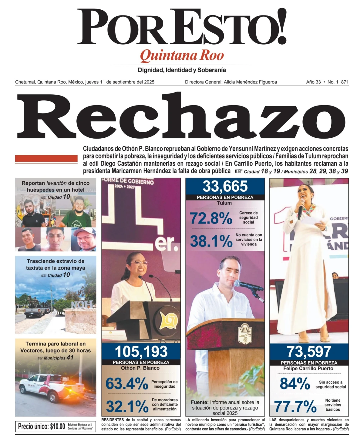 Portada de Por Esto (quintana Roo Chetumal) del jueves, 11 de septiembre de 2025