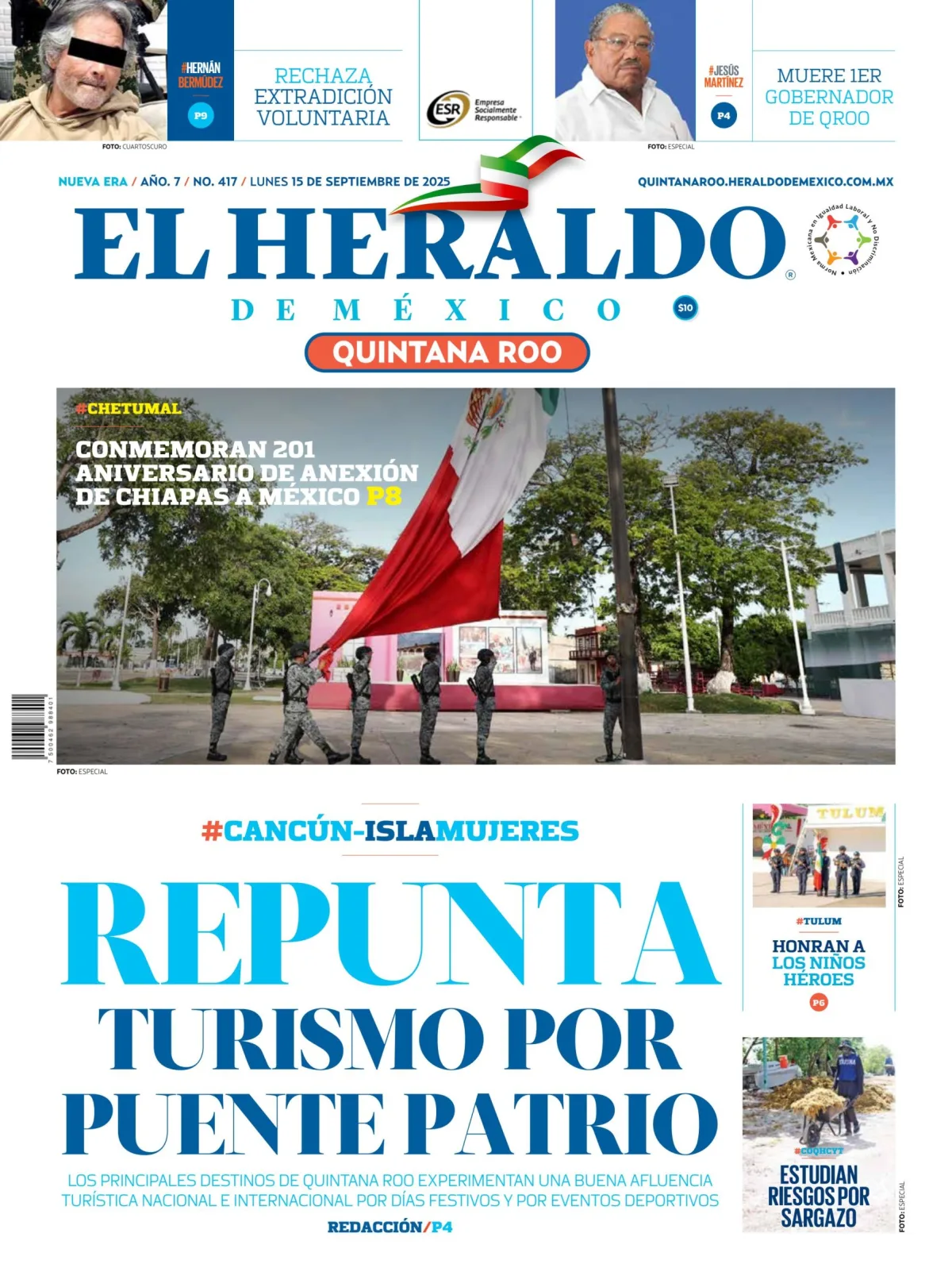 Portada de El Heraldo de Mexico - Quintana Roo del lunes, 15 de septiembre de 2025