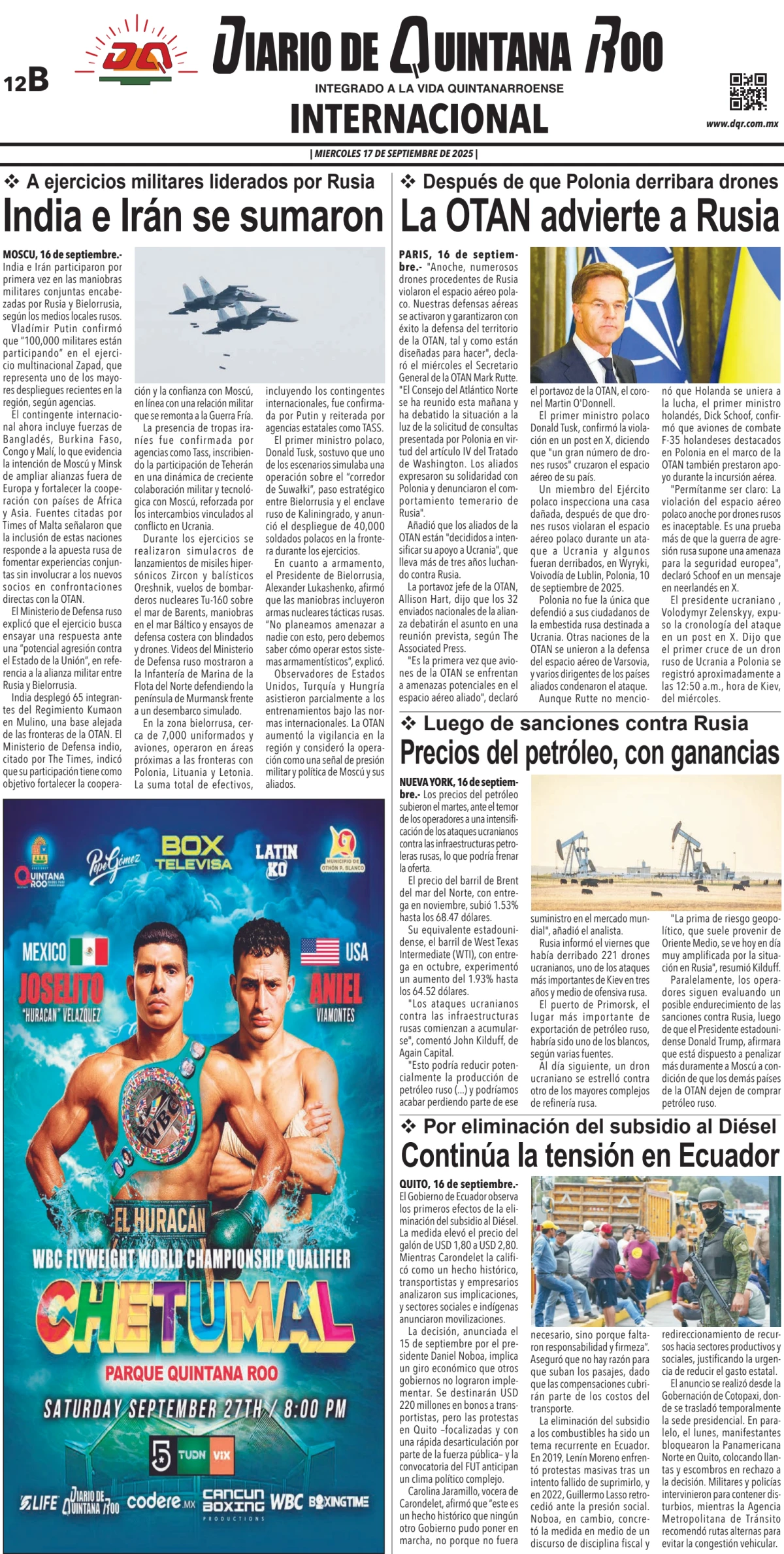 Portada de Diario de Quintana Roo (contra Portada)