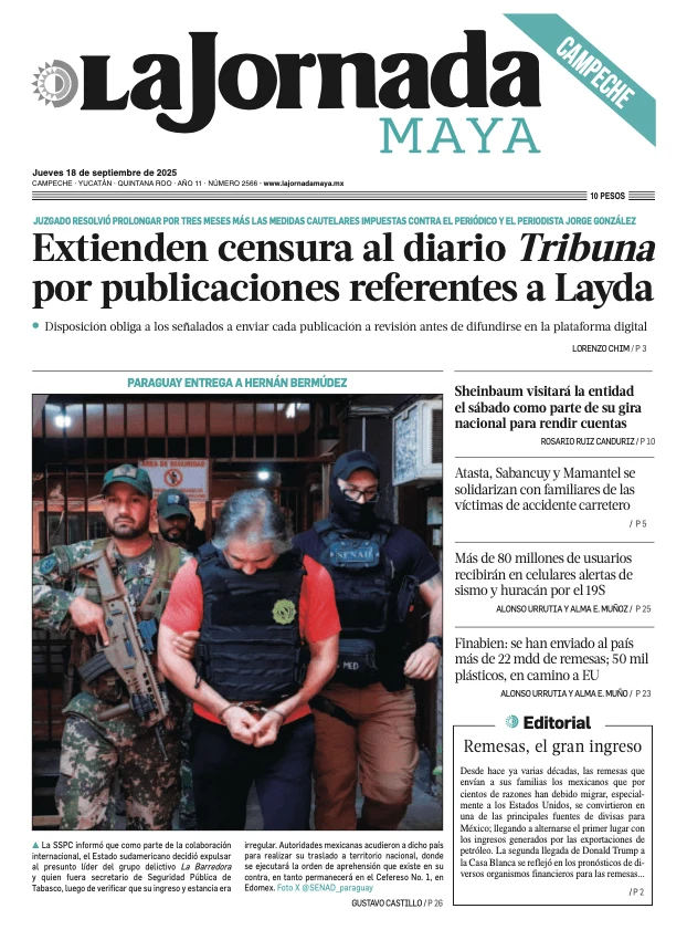Portada de La Jornada Maya Campeche del jueves, 18 de septiembre de 2025