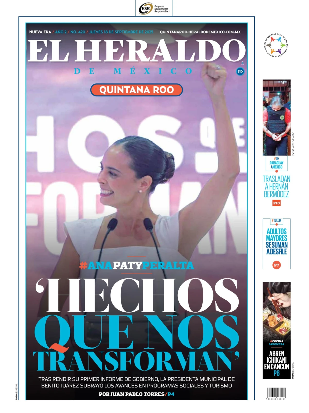 Portada de El Heraldo de Mexico - Quintana Roo del jueves, 18 de septiembre de 2025