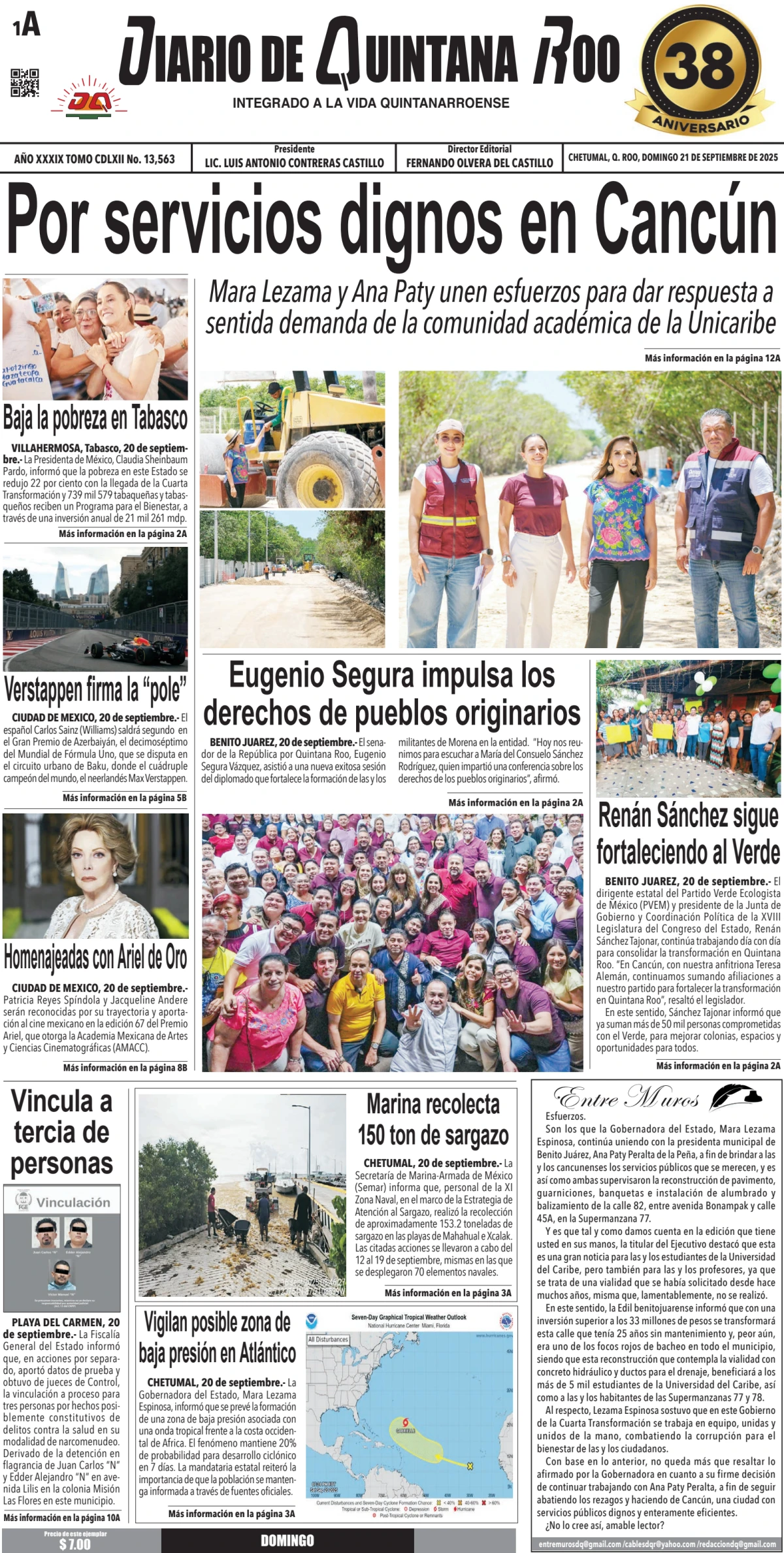 Portada de Diario de Quintana Roo (portada) del domingo, 21 de septiembre de 2025