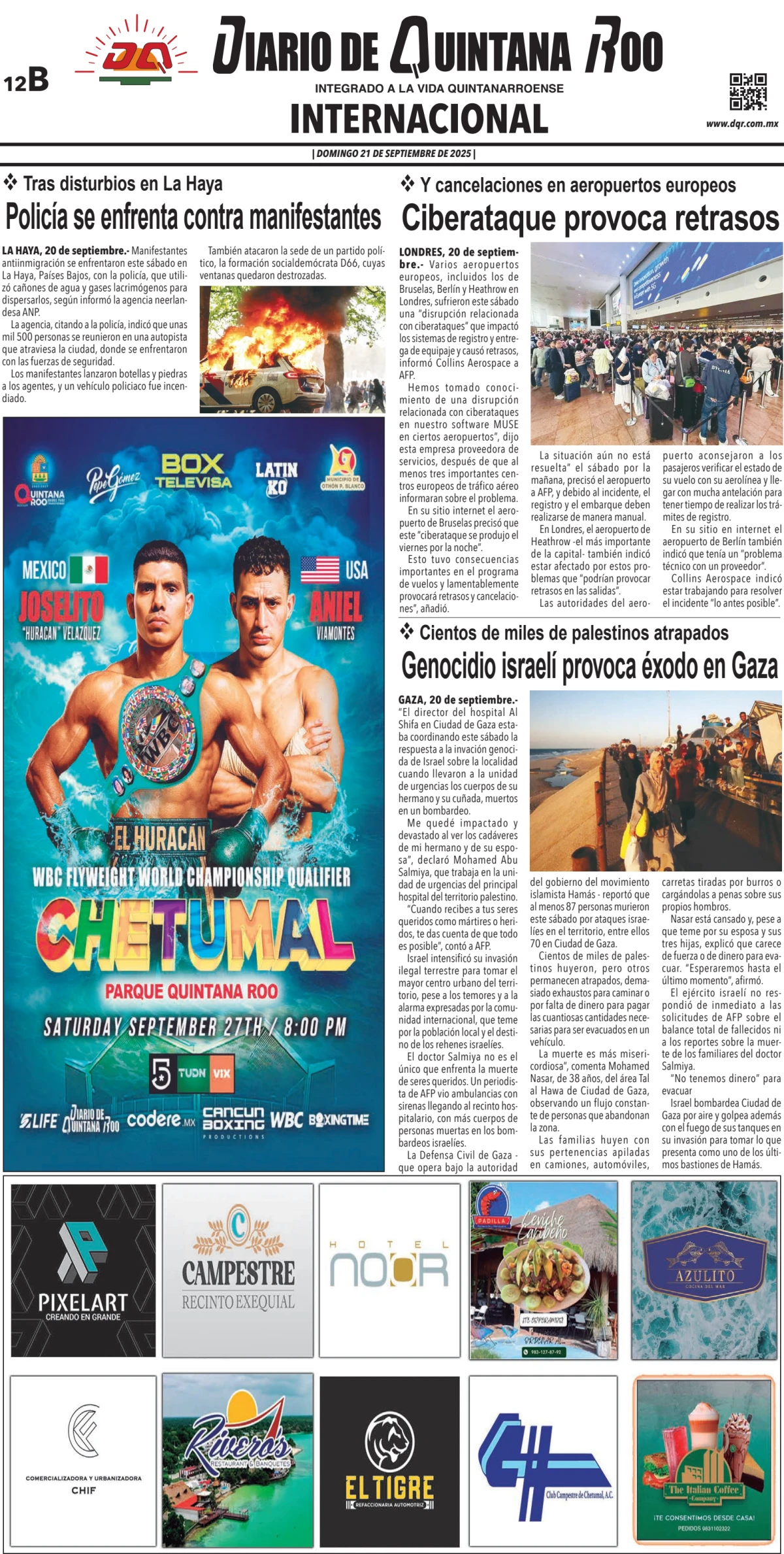 Portada de Diario de Quintana Roo (contra Portada) del domingo, 21 de septiembre de 2025