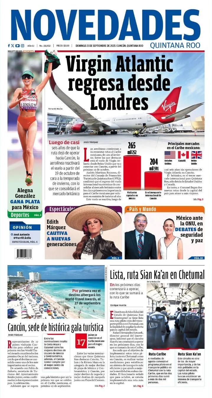Portada de Novedades Quintana Roo del domingo, 21 de septiembre de 2025