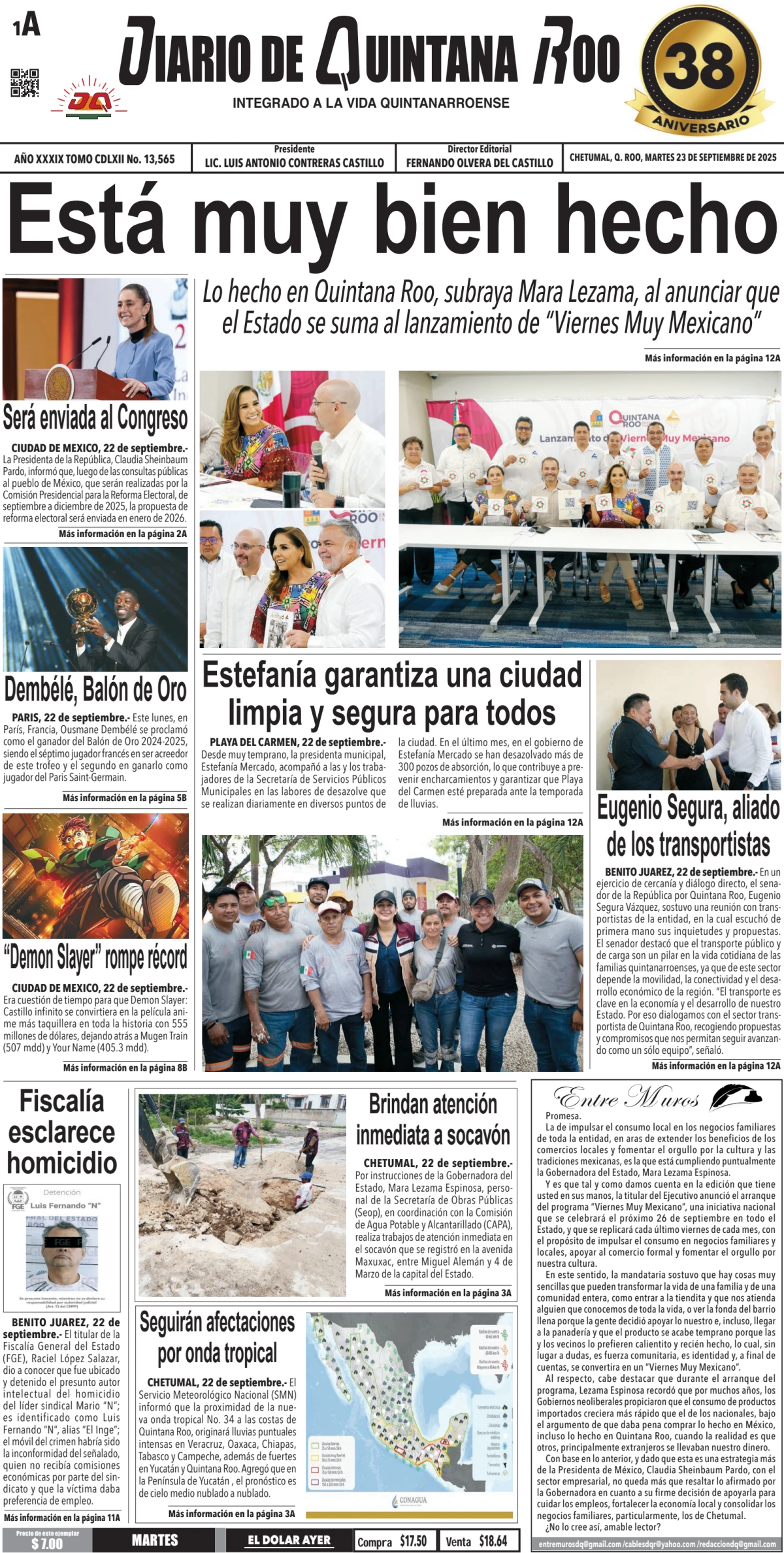 Portada de Diario de Quintana Roo (portada) del martes, 23 de septiembre de 2025