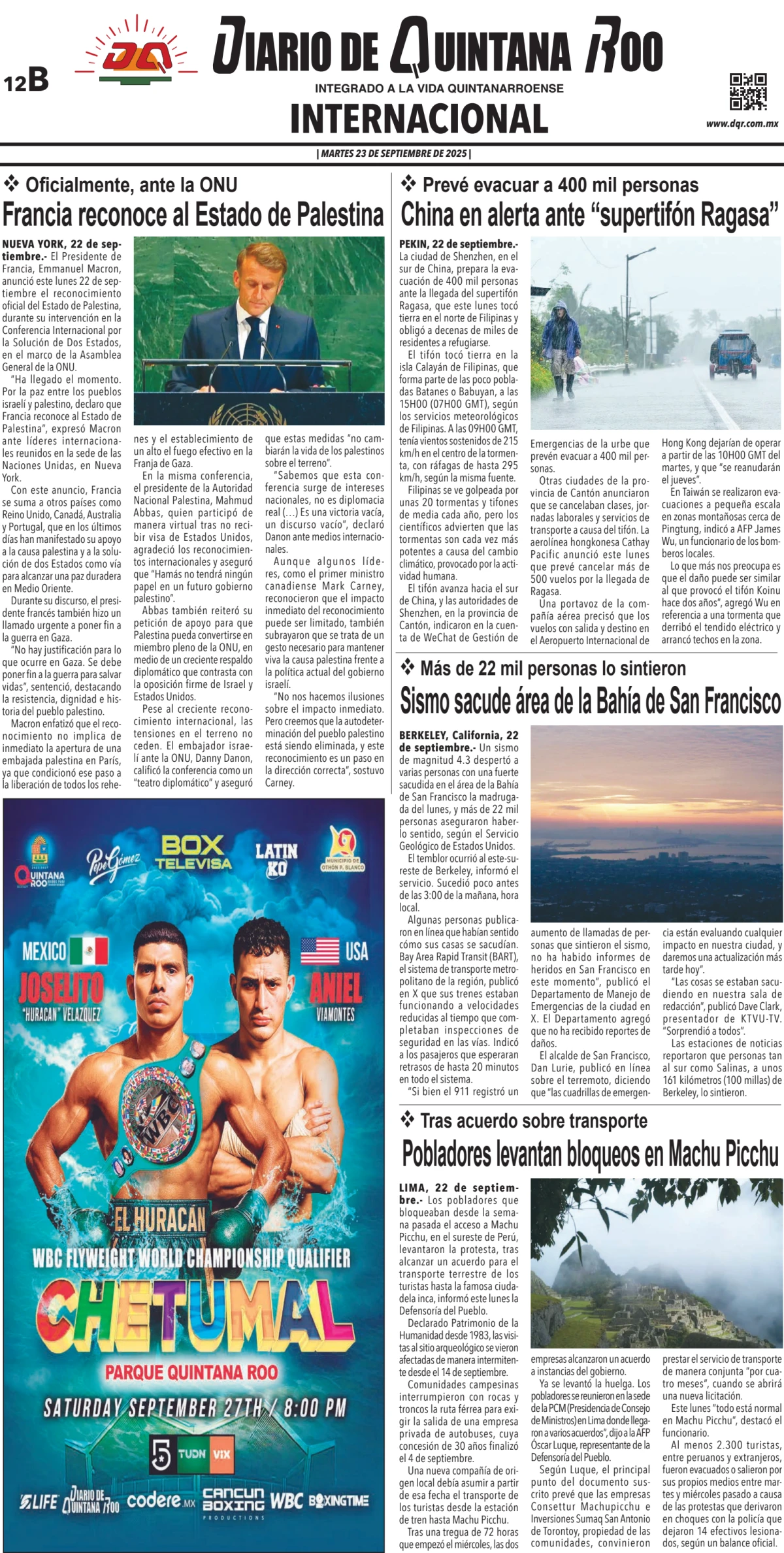 Portada de Diario de Quintana Roo (contra Portada) del martes, 23 de septiembre de 2025