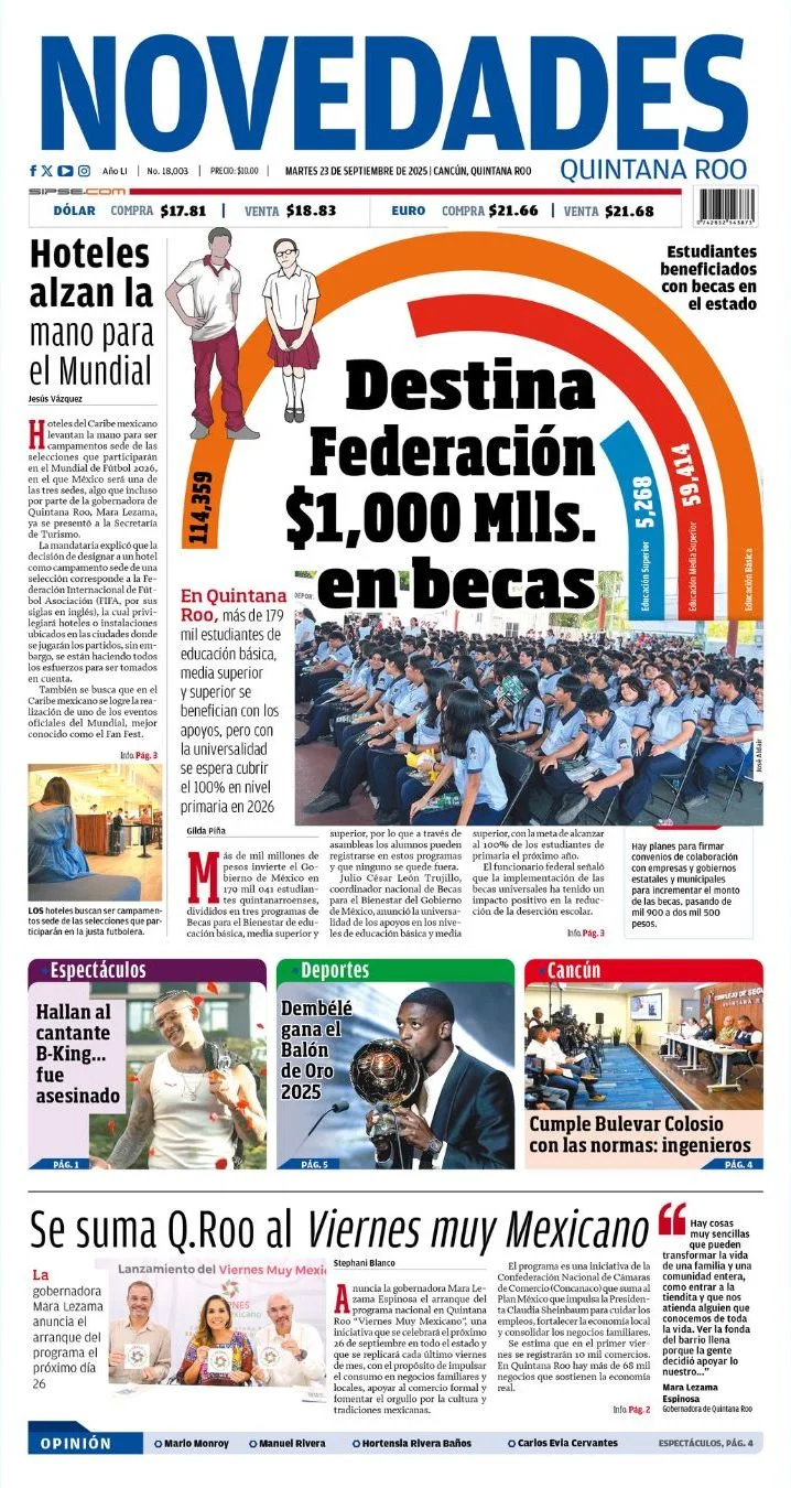 Portada de Novedades Quintana Roo del martes, 23 de septiembre de 2025