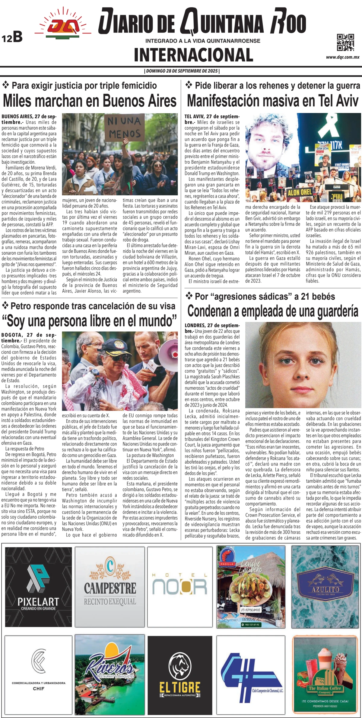 Portada de Diario de Quintana Roo (contra Portada) del domingo, 28 de septiembre de 2025