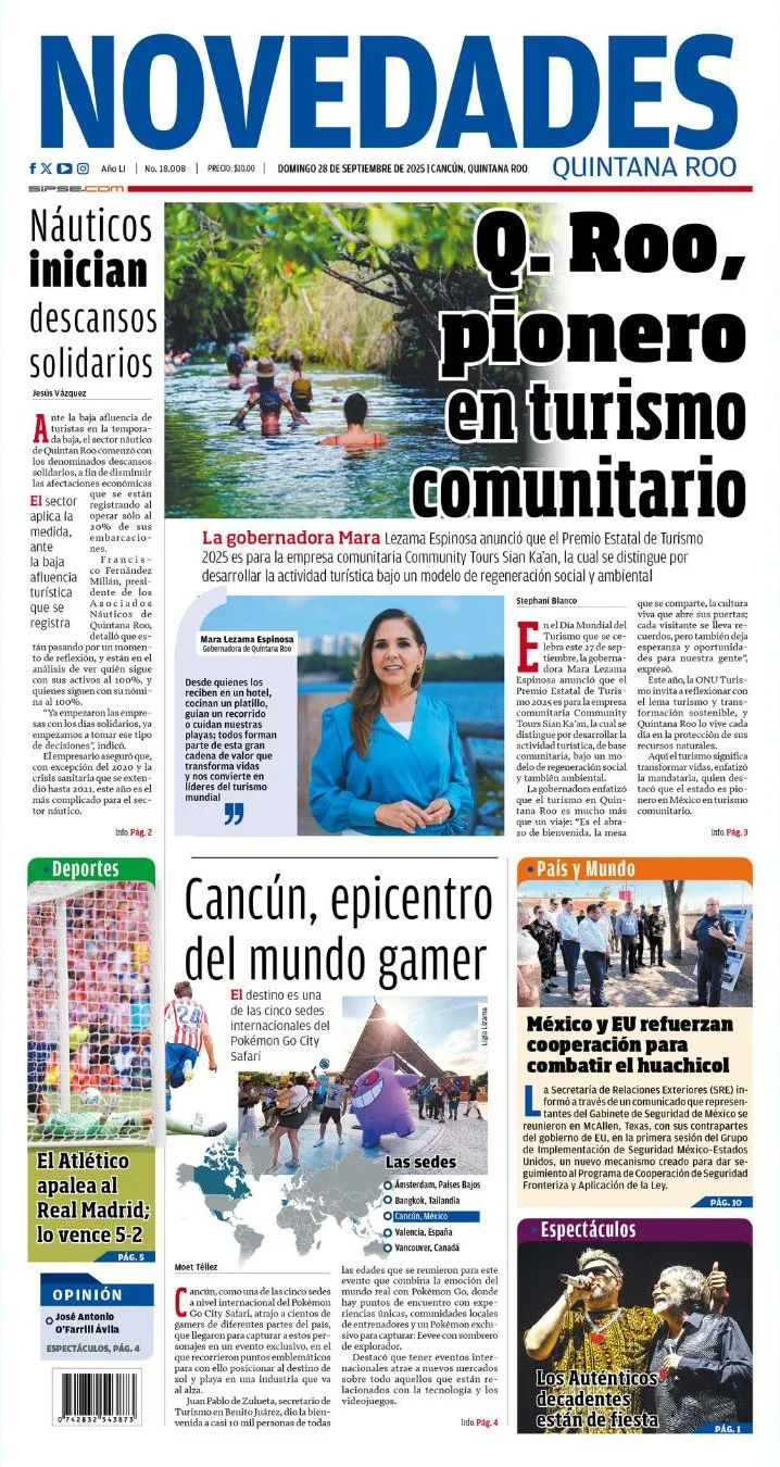 Portada de Novedades Quintana Roo del domingo, 28 de septiembre de 2025