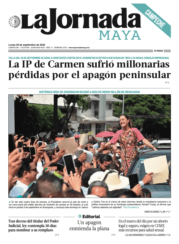 Portada de La Jornada Maya Campeche del lunes, 29 de septiembre de 2025