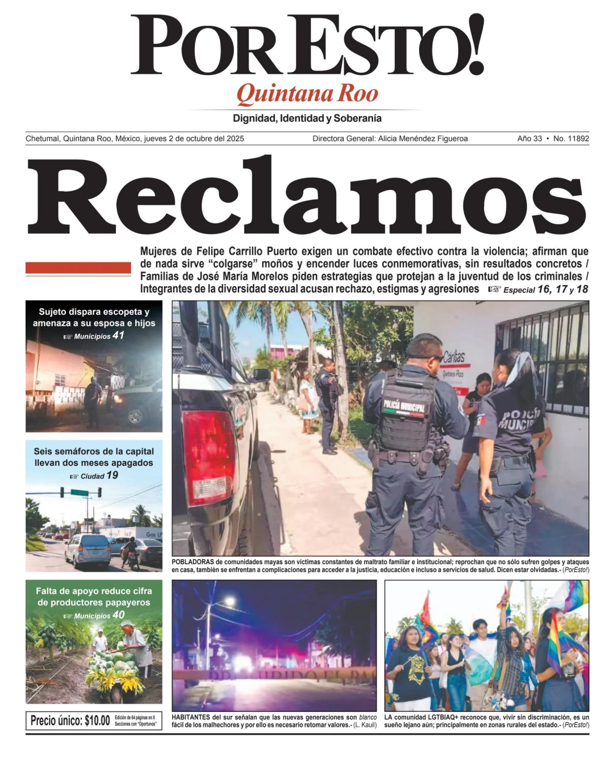 Portada de Por Esto (quintana Roo Chetumal) del jueves, 2 de octubre de 2025