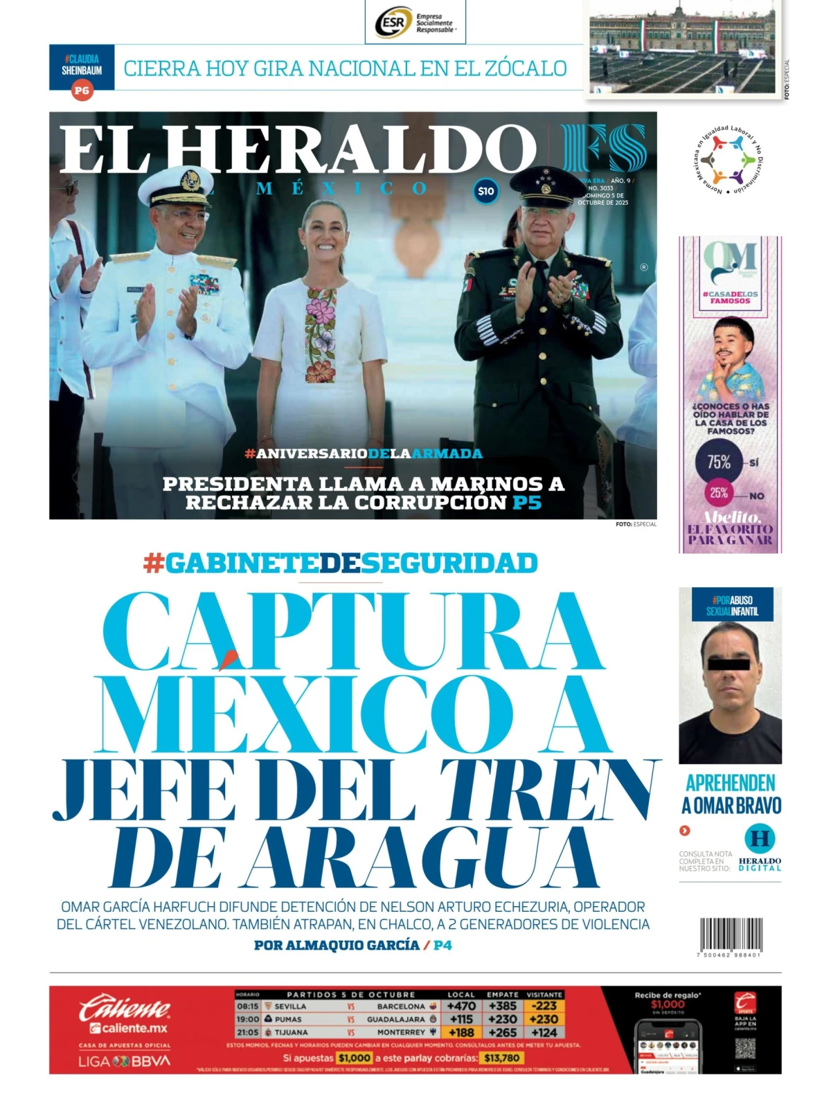 Portada de El Heraldo de Mexico del domingo, 5 de octubre de 2025