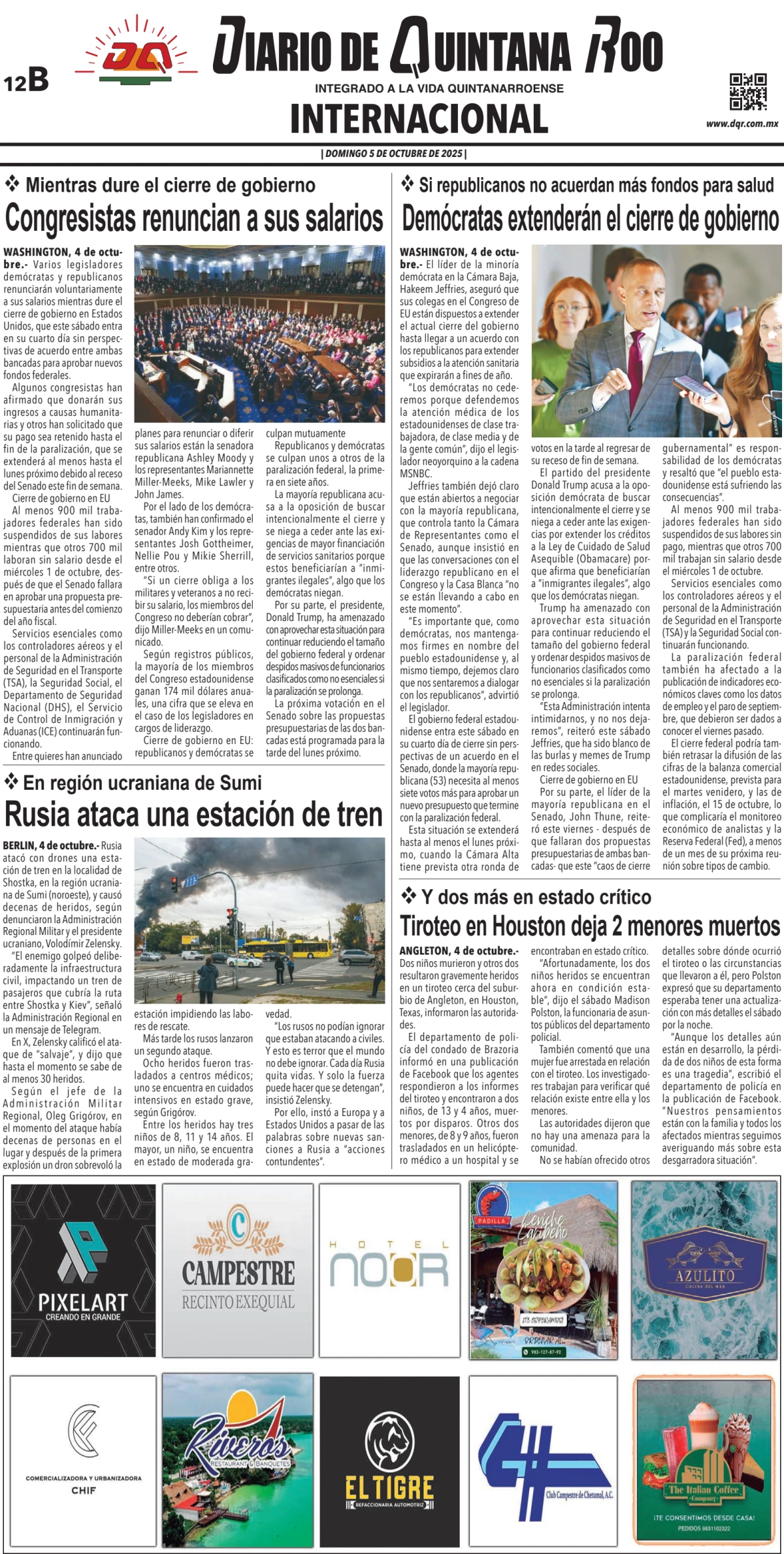 Portada de Diario de Quintana Roo (contra Portada) del domingo, 5 de octubre de 2025