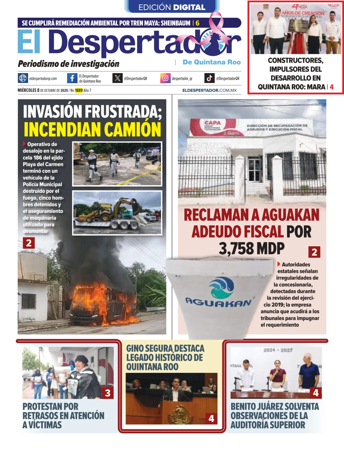 Portada de El Despertador de Quintana Roo del miércoles, 8 de octubre de 2025