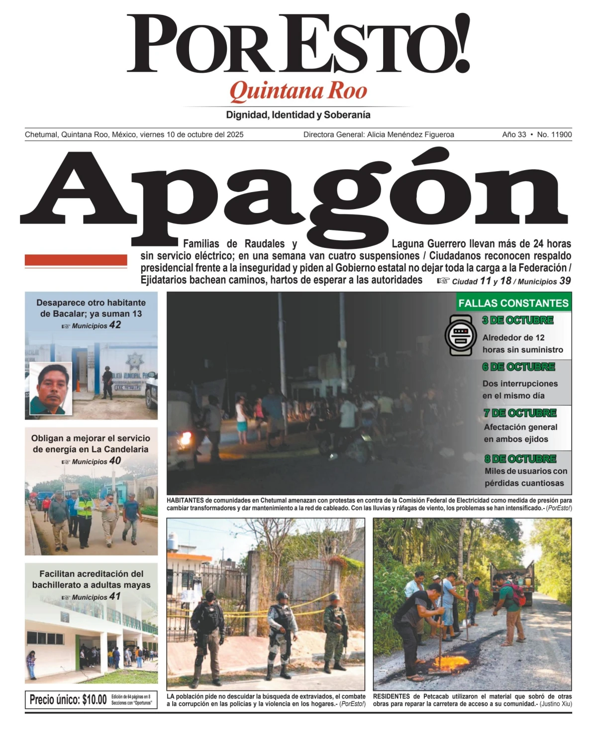 Portada de Por Esto (quintana Roo Chetumal) del viernes, 10 de octubre de 2025