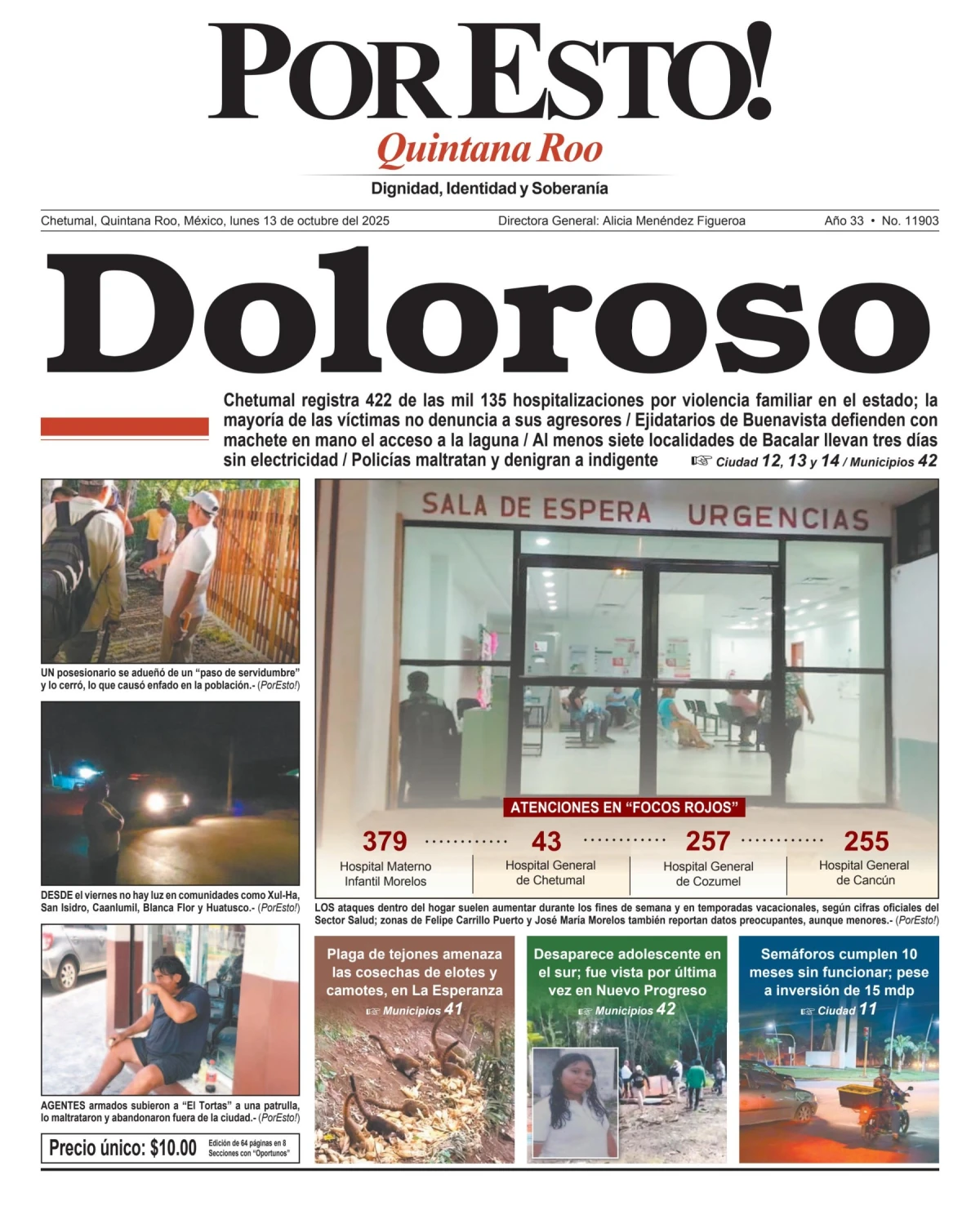 Portada de Por Esto (quintana Roo Chetumal) del lunes, 13 de octubre de 2025
