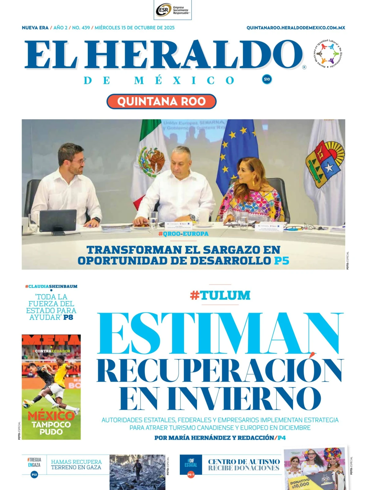 Portada de El Heraldo de Mexico - Quintana Roo del miércoles, 15 de octubre de 2025