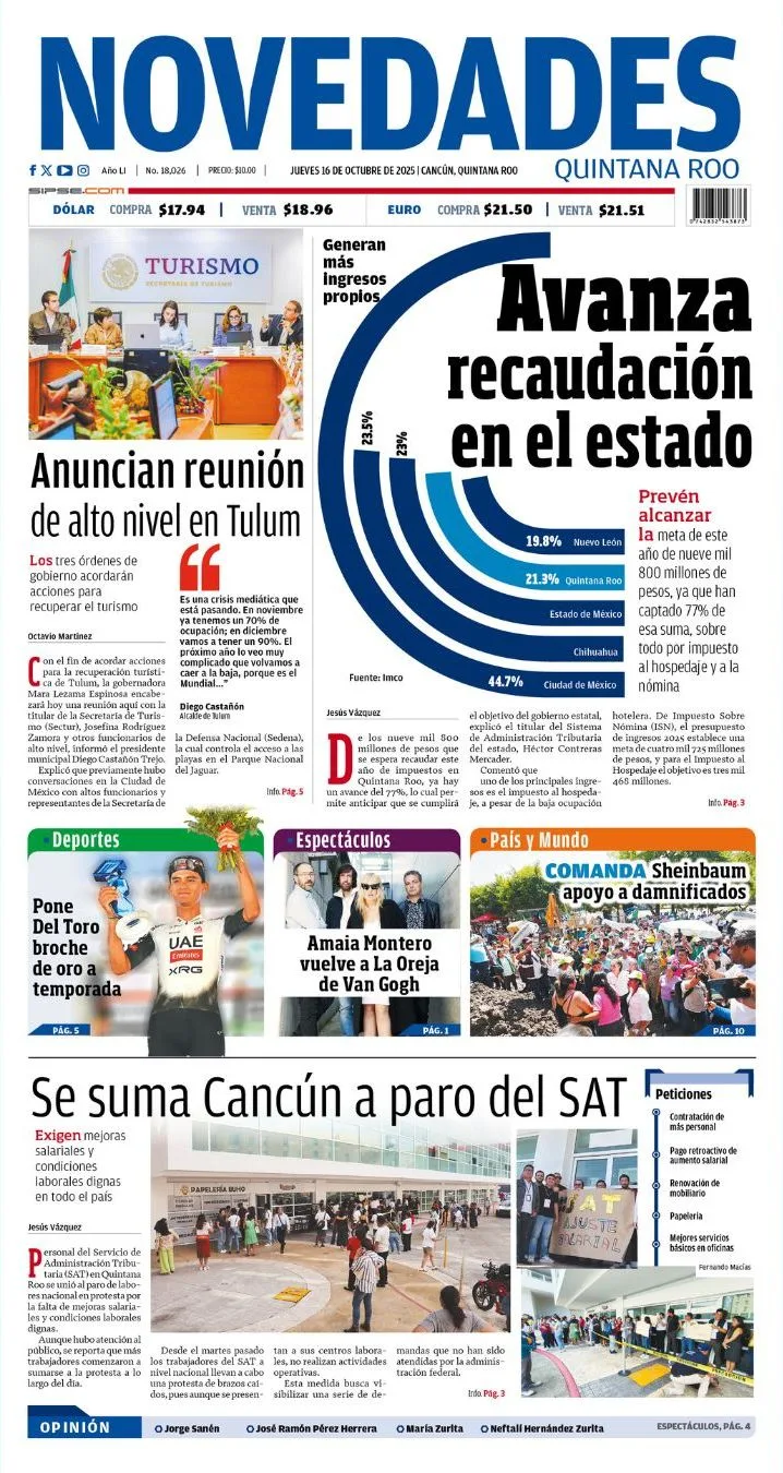 Portada de Novedades Quintana Roo del jueves, 16 de octubre de 2025