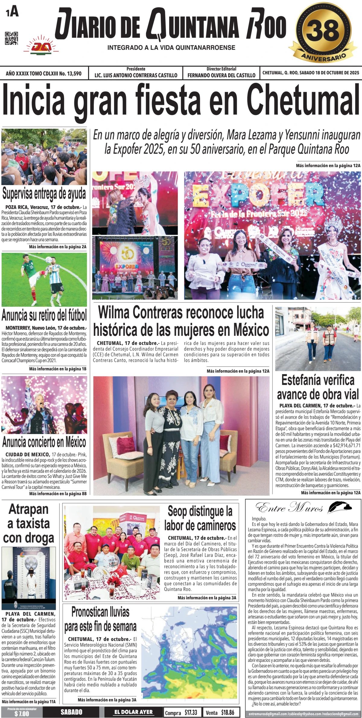 Portada de Diario de Quintana Roo (portada) del sábado, 18 de octubre de 2025