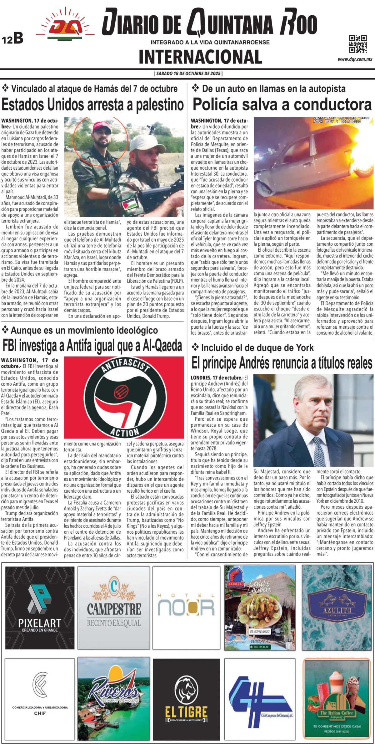 Portada de Diario de Quintana Roo (contra Portada) del sábado, 18 de octubre de 2025