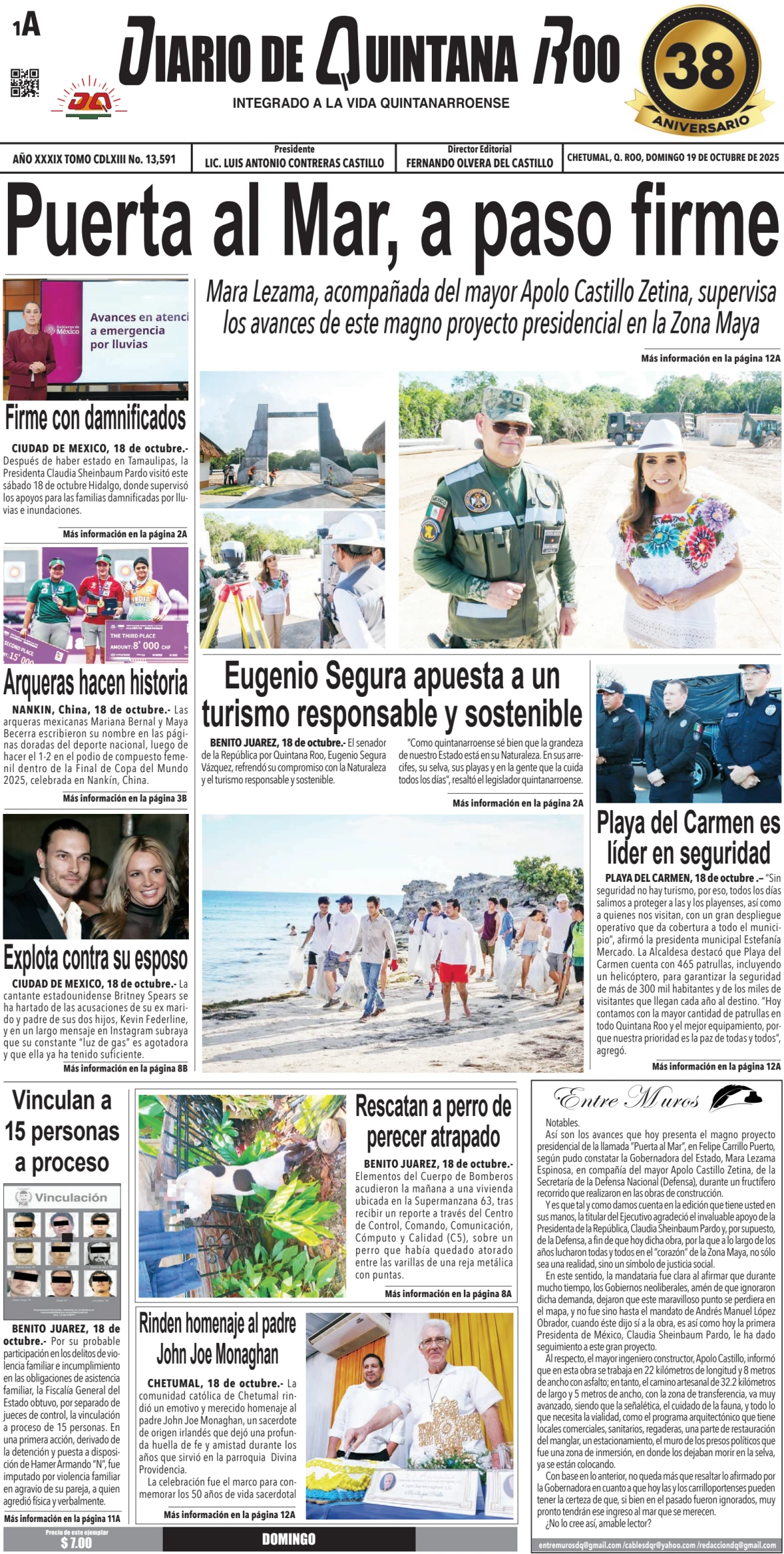 Portada de Diario de Quintana Roo (portada) del domingo, 19 de octubre de 2025