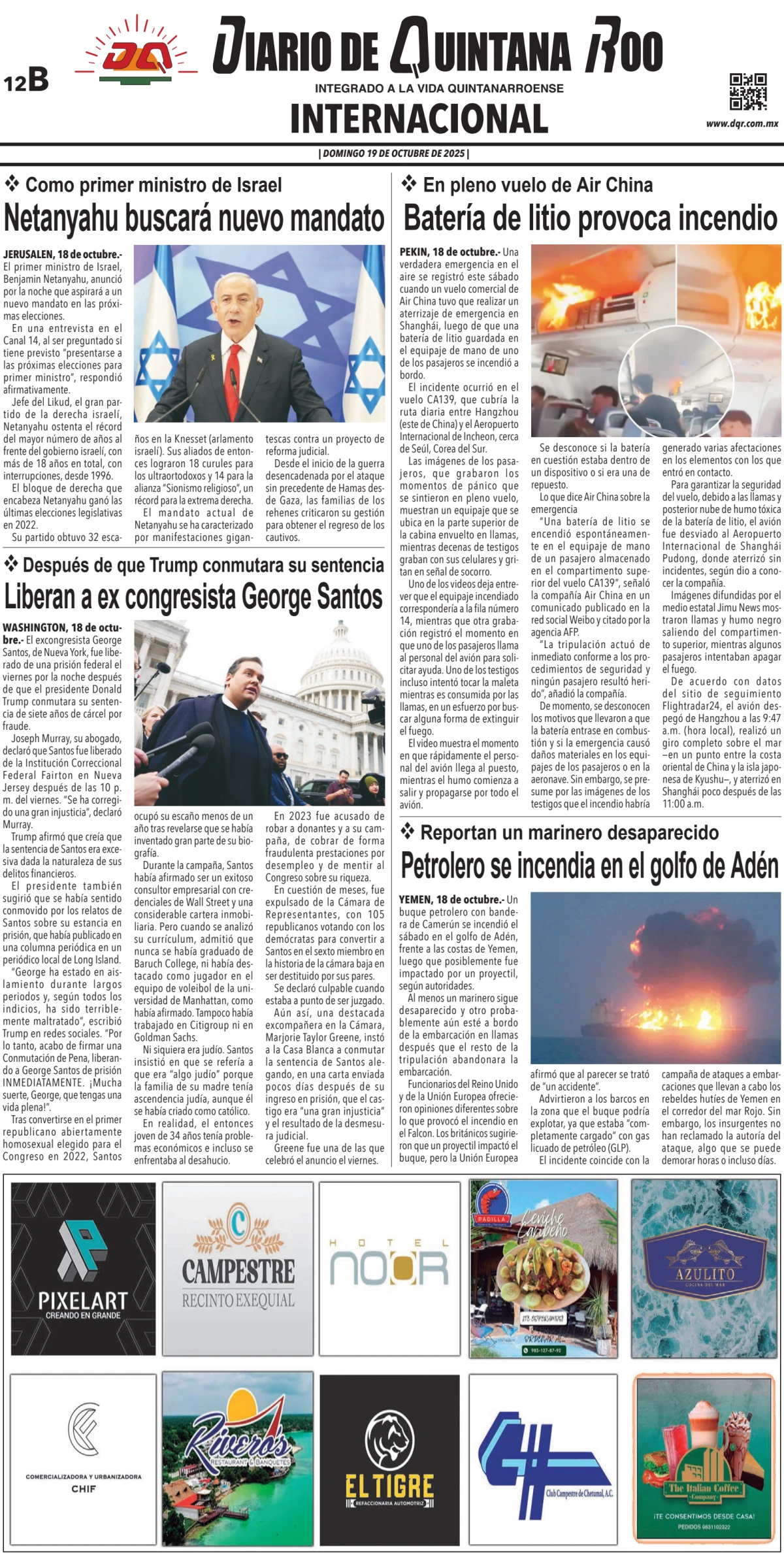 Portada de Diario de Quintana Roo (contra Portada) del domingo, 19 de octubre de 2025