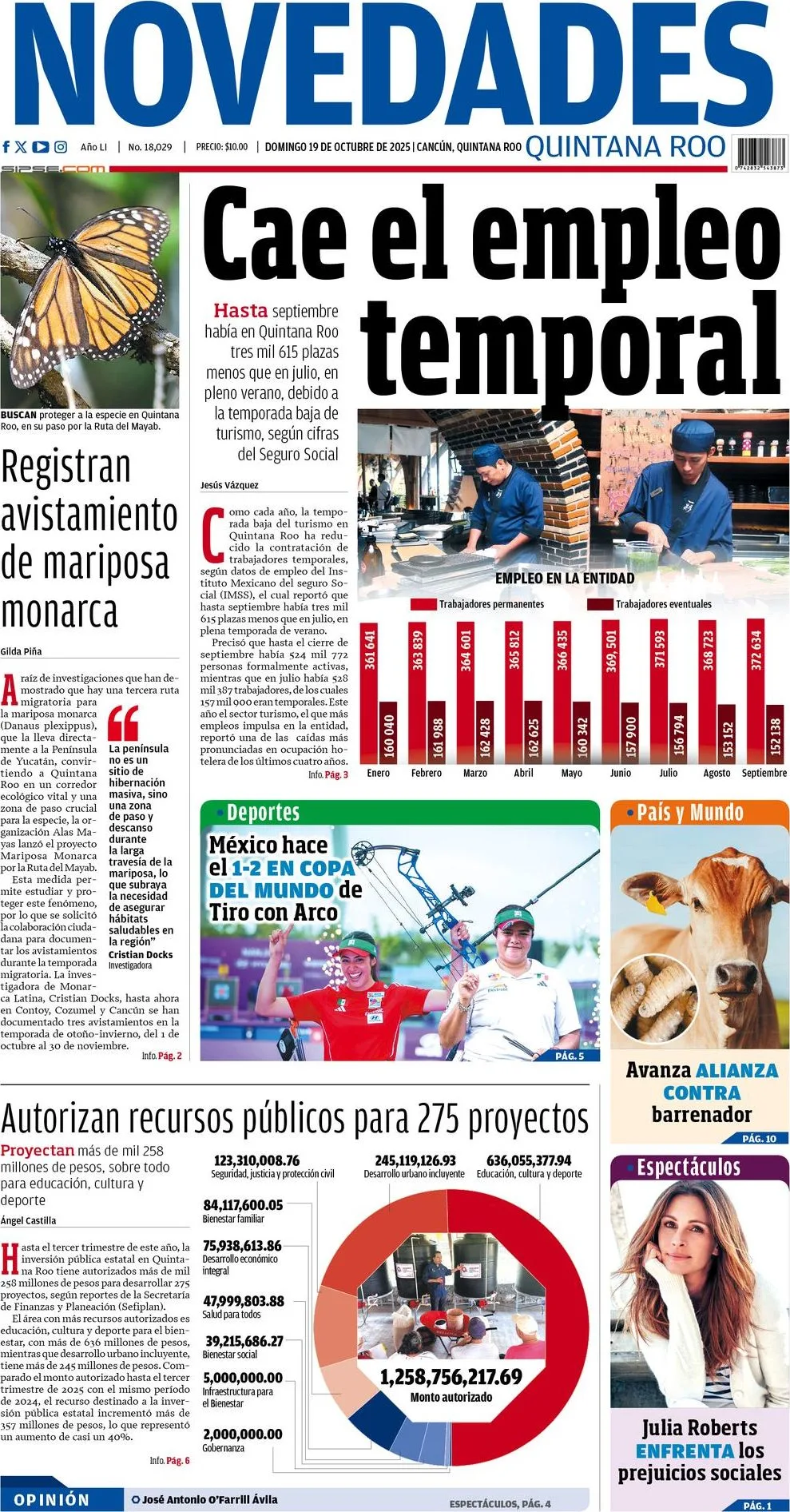 Portada de Novedades Quintana Roo del domingo, 19 de octubre de 2025