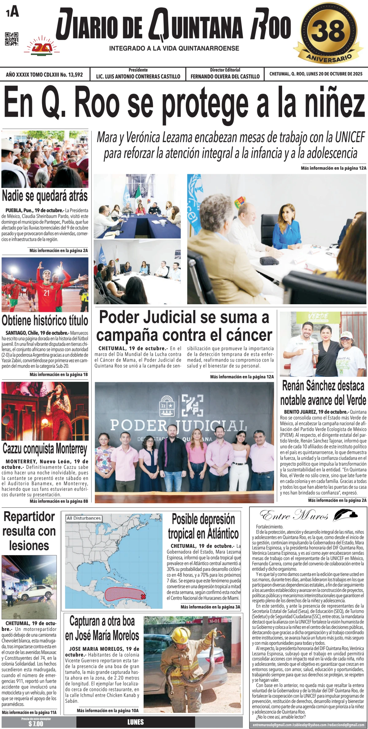 Portada de Diario de Quintana Roo (portada) del lunes, 20 de octubre de 2025