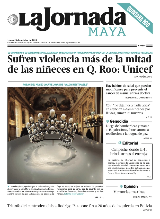 Portada de La Jornada Maya Quintana Roo del lunes, 20 de octubre de 2025