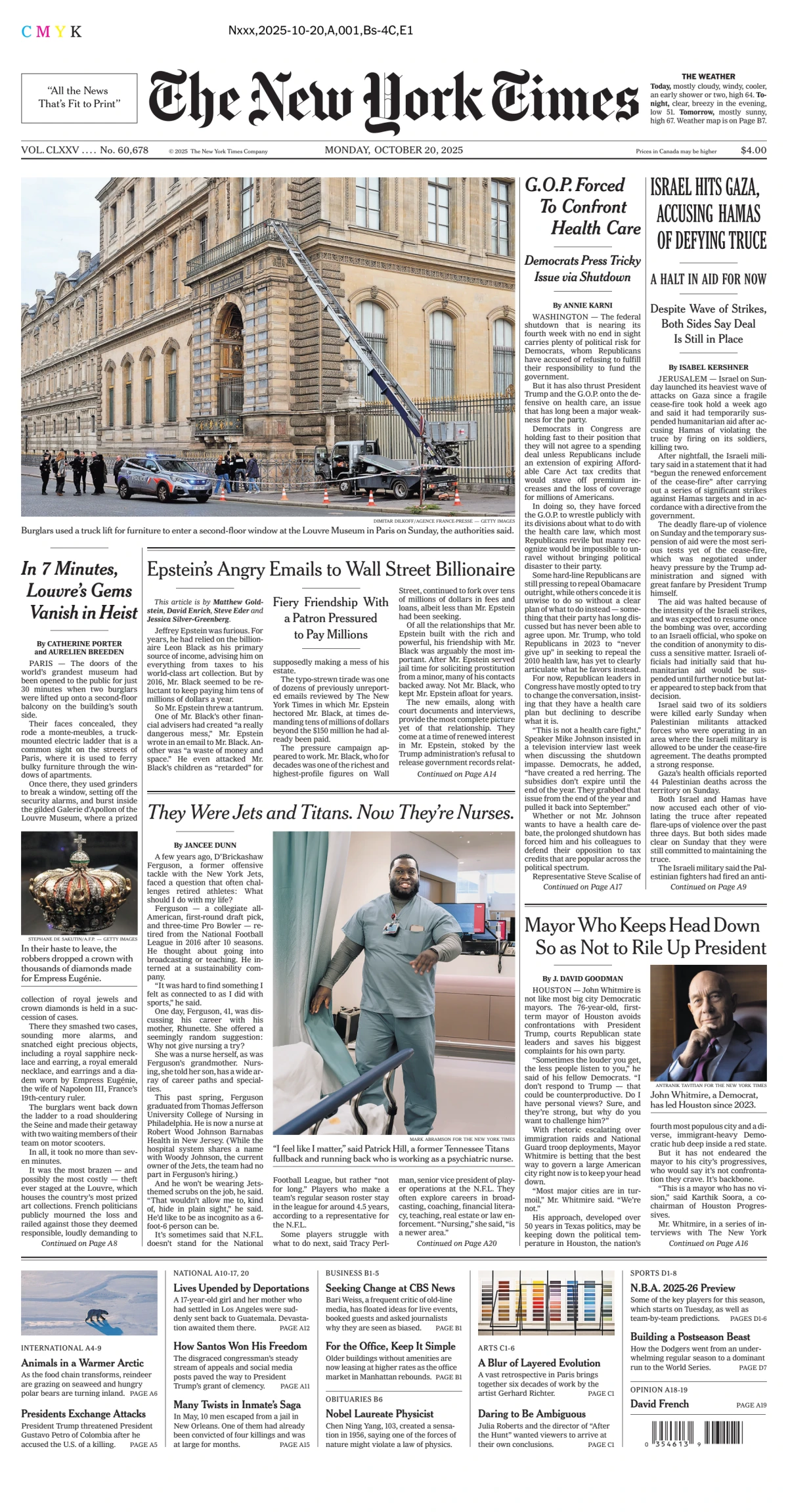 Portada de The New York Times del lunes, 20 de octubre de 2025