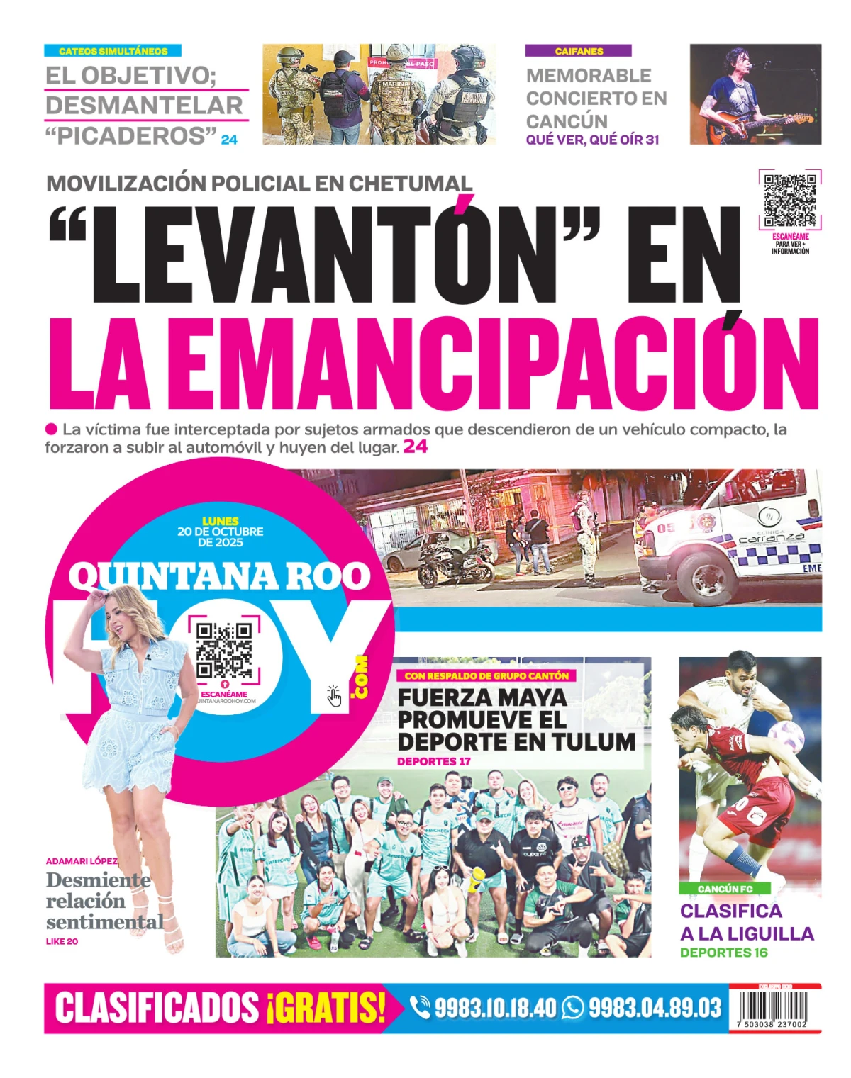 Portada de Quintana Roo Hoy (contraportada) del lunes, 20 de octubre de 2025