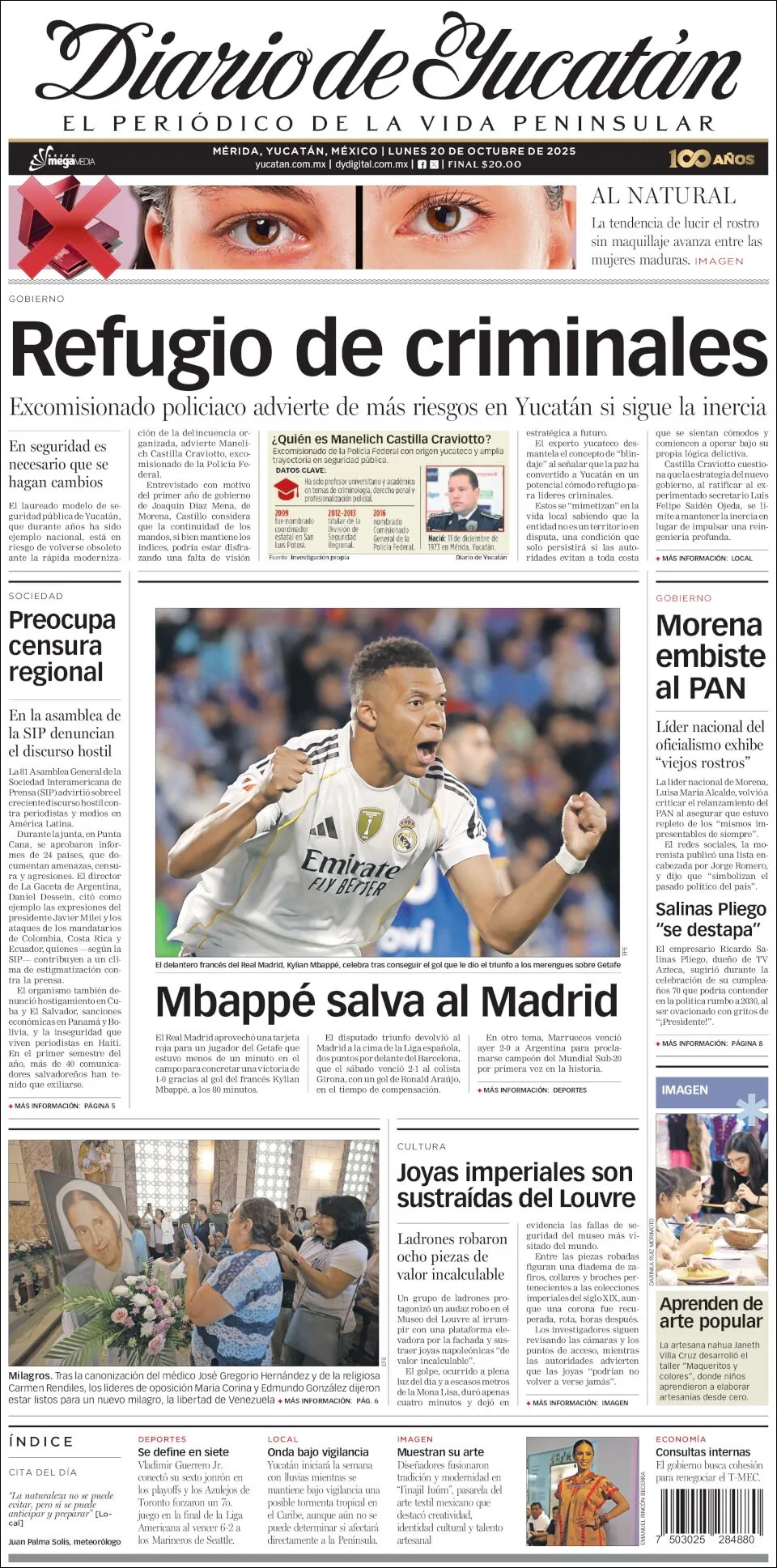 Portada de Diario de Yucatán del lunes, 20 de octubre de 2025