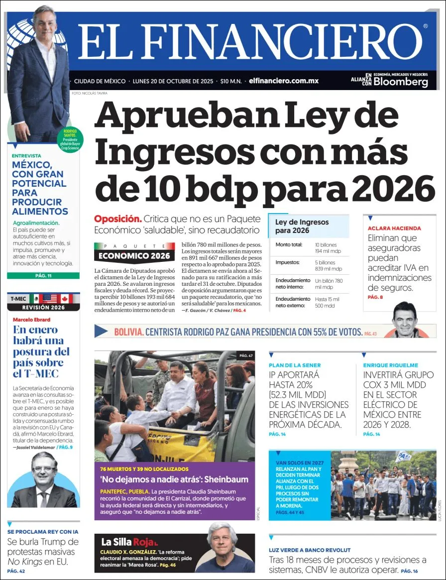 Portada de El Financiero del lunes, 20 de octubre de 2025
