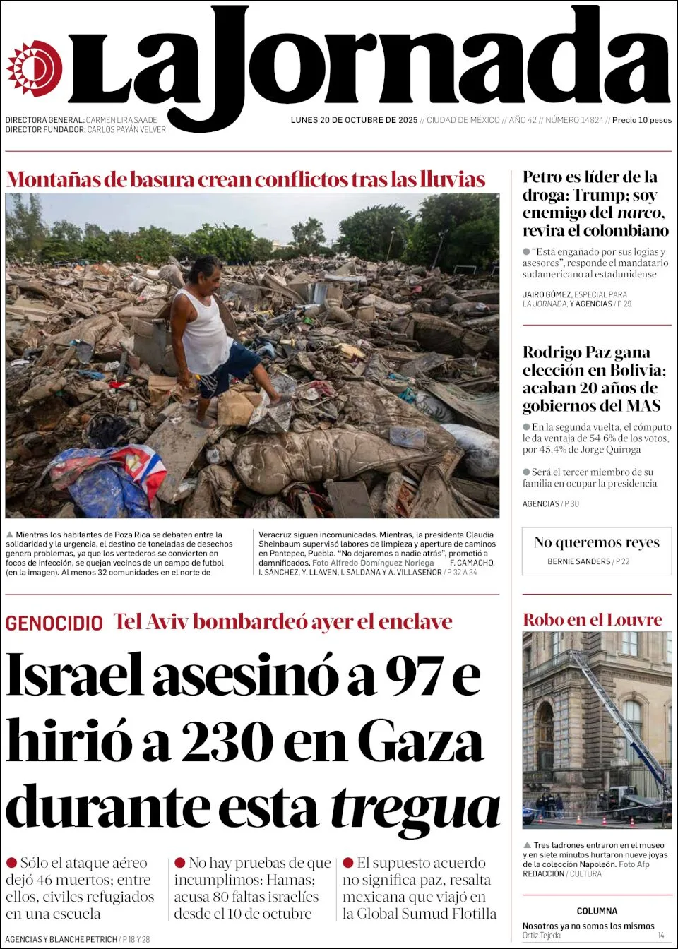 Portada de La Jornada del lunes, 20 de octubre de 2025